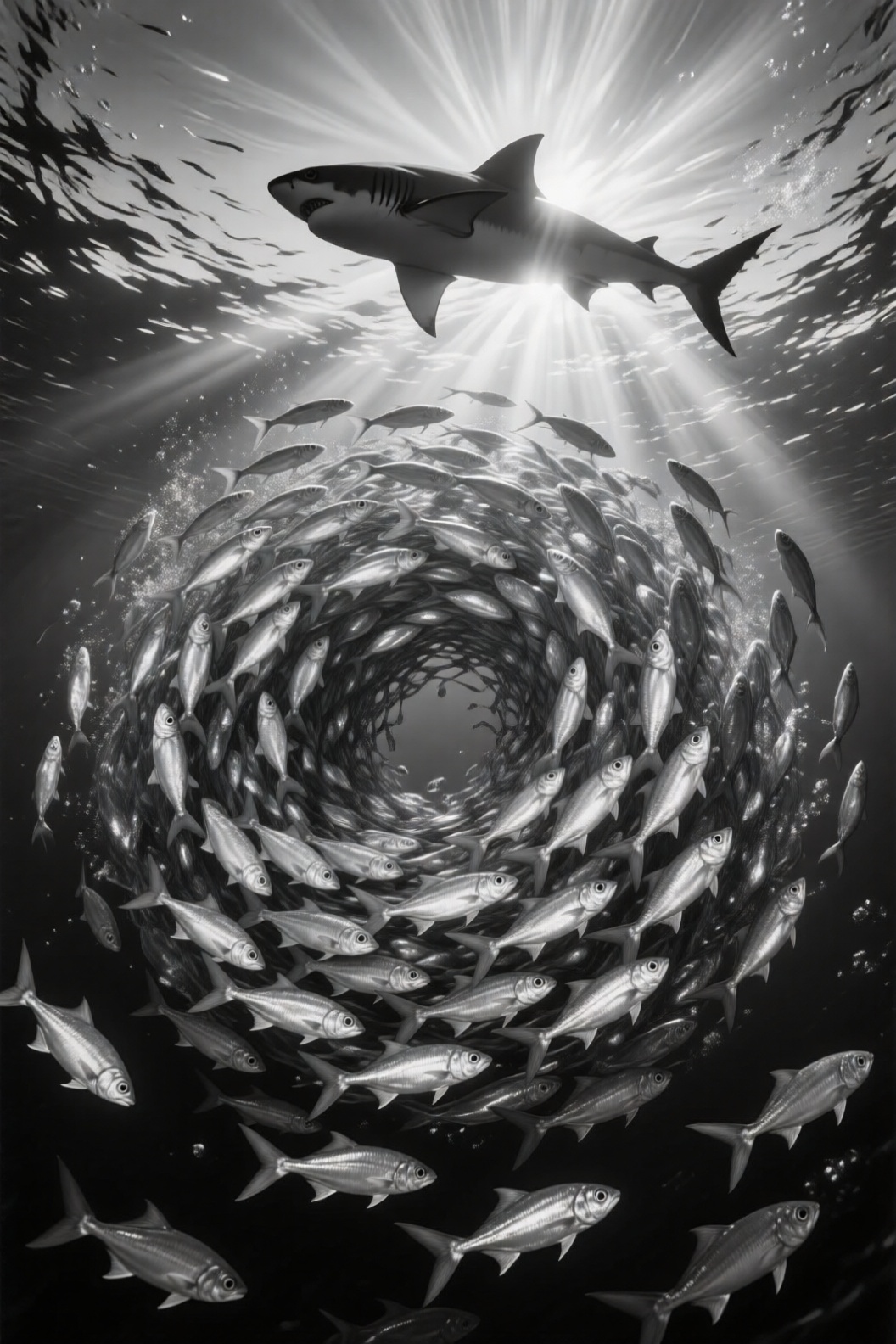 A single bait ball of small fish underwater forming a dynamic spiraling mass,  shimmering in silver as sunlight refracts i...