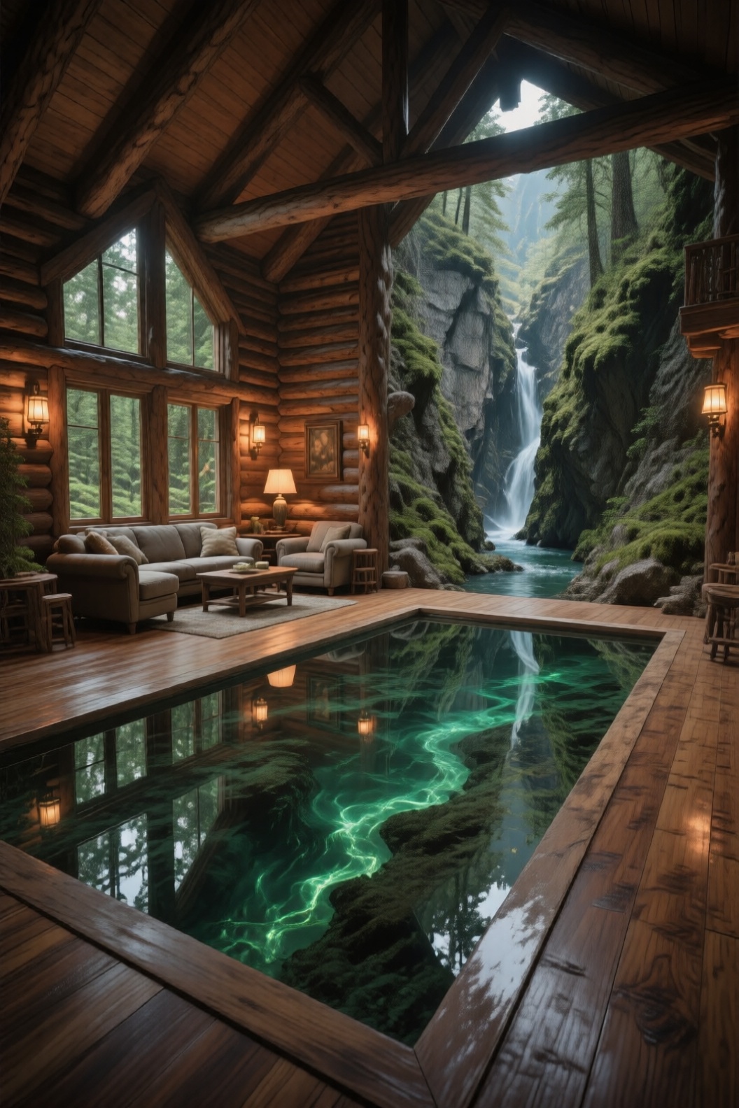 low-angle wide-angle interior photo,  rustic log cabin living room,  log walls and ceiling beams on Tensor.Art