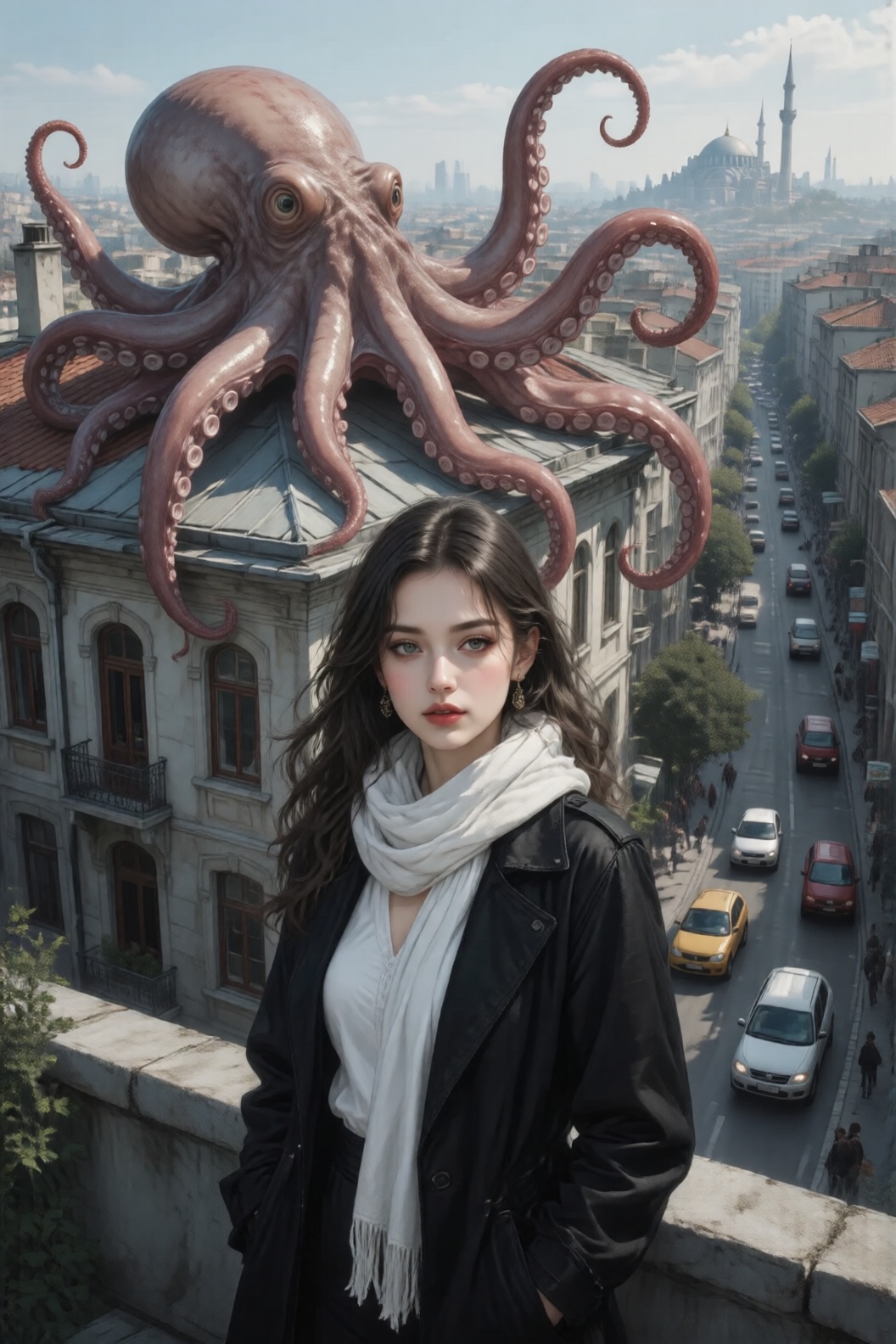 an ultra-realistic photo of an octopus on the roof of a building in istanbul. in the foreground,  an elegant woman stands...
