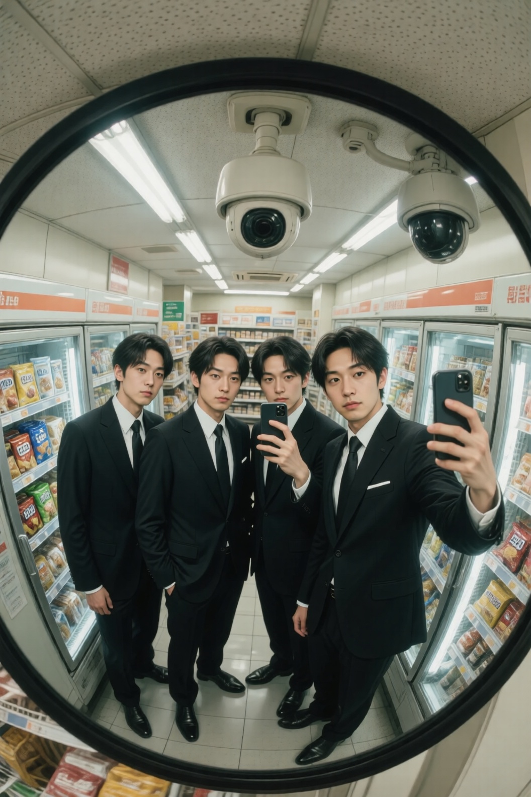 A convenience-store security camera reflection showing four japanese salarymen standing close together in an aisle. The pe...