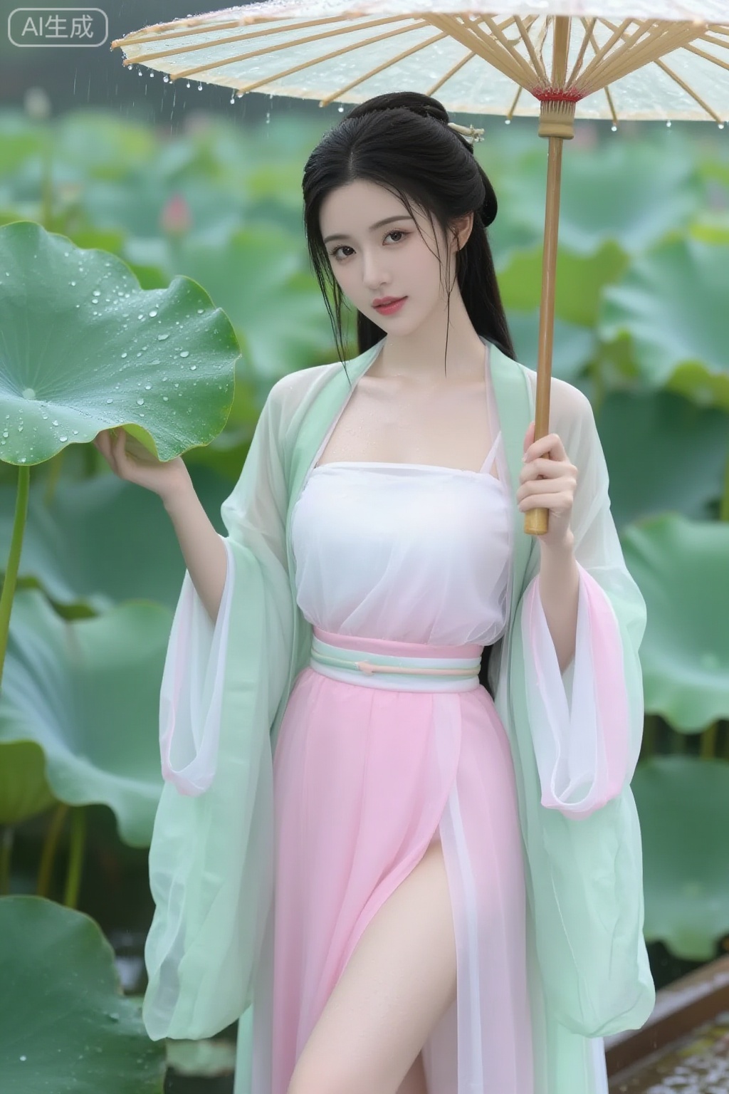 真实照片质感,去AI 感,8K 超高清精致壁纸风,性感中式女侠穿粉白渐变纱质侠衣,外搭浅绿披帛,完美身材高挑柔美,立于荷塘边,一手执油纸伞,一手轻触荷叶,雨滴落在伞面和荷叶上,看着镜头眉眼温柔,皮肤雪白水润光滑,年轻有弹性,镜头参数：焦距60mm,光圈f/2.2,快门1/400s,ISO 100,柔光打亮,荷叶纹理,雨滴形态,纱衣通透感细节清晰,壁纸风精致感拉满,驿站美人,皮肤白皙,年轻、五官精致,