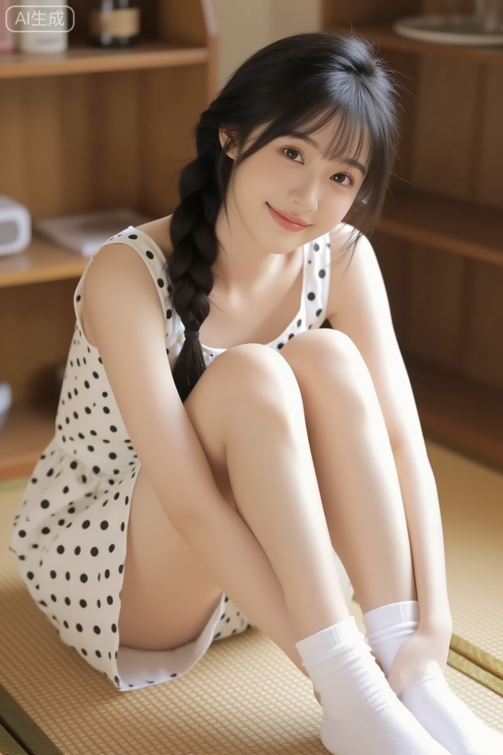 亚洲女性,皮肤白皙,年轻、五官精致,
清晰对焦、超高分辨率、最佳品质、情感杰作、精致细节、高端纹理、摄影、引人注目、景深、超现实感、最新、极致美学、高分辨率、光线追踪、环境光遮蔽、HDR、达芬奇调色、电影感、通透感。照片中是一位亚洲女性,她扎着黑色长辫,身穿白色无袖波点连衣裙和白色短袜,坐在榻榻米上,双膝蜷起,双臂环抱膝盖,对着镜头露出温柔的微笑。她的皮肤白皙,容貌精致年轻。背景中有摆放着各种物品的木架,以及部分木质结构。柔和温暖的光线营造出一种温柔宜人的氛围。柔焦和光线的过滤使画面略带梦幻空灵之感