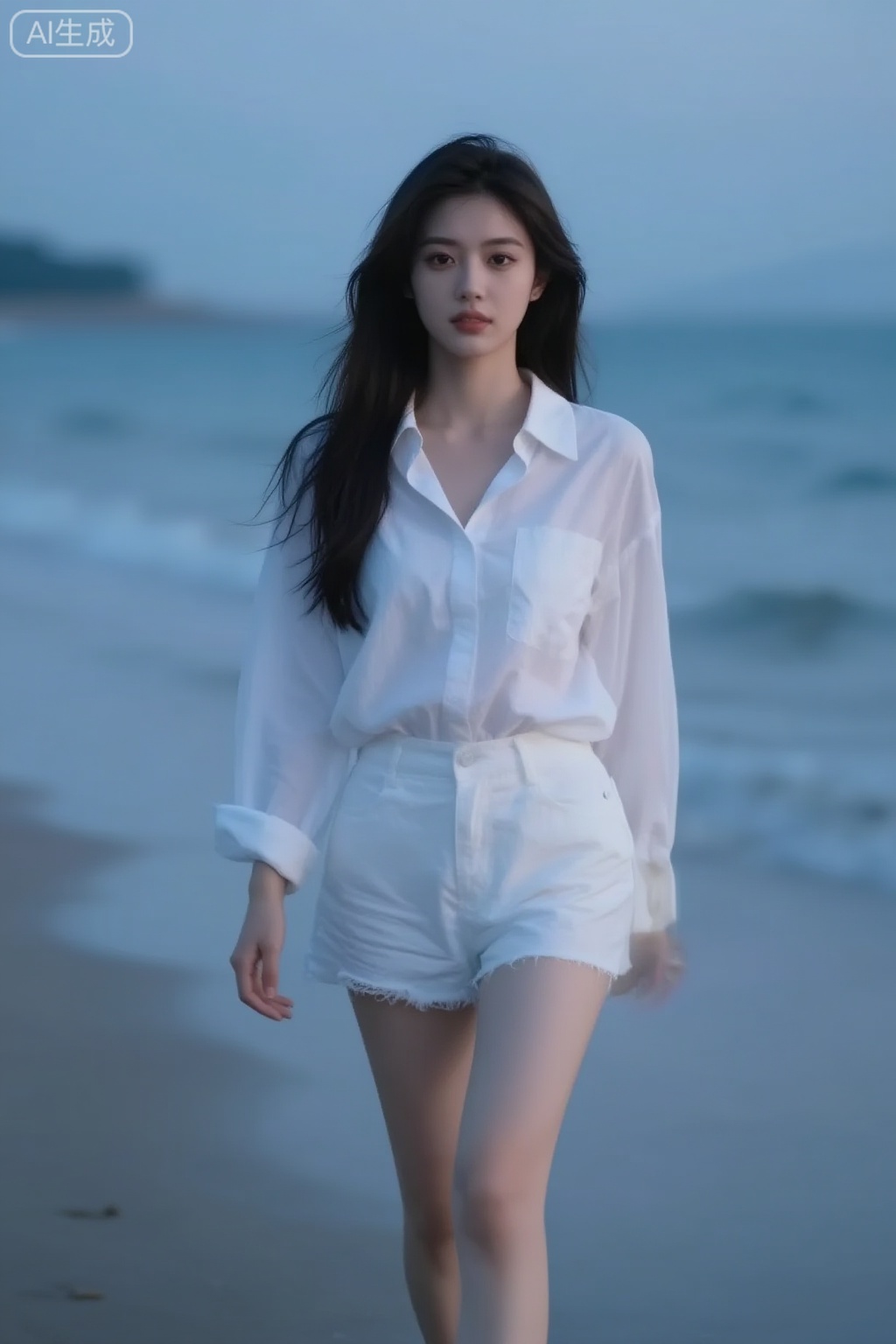 焦点清晰锐利,best quality,film bokeh photo,美女,在海边,散步,(at dusk:0.5),cold color,看向镜头,漏大腿的,airy,