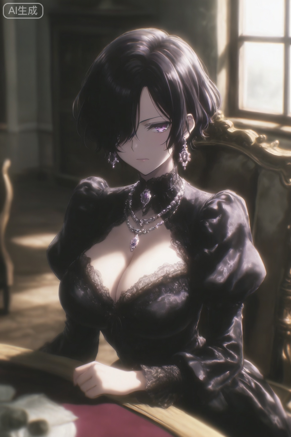 darkaesthetic_style,1girl, solo, breasts, looking at viewer, short hair, large breasts, black hair, long sleeves, dress, cleavage, jewelry, sitting, closed mouth, purple eyes, upper body, earrings, puffy sleeves, indoors, necklace, hair over one eye, blurry, black dress, window, chair, table, sunlight
