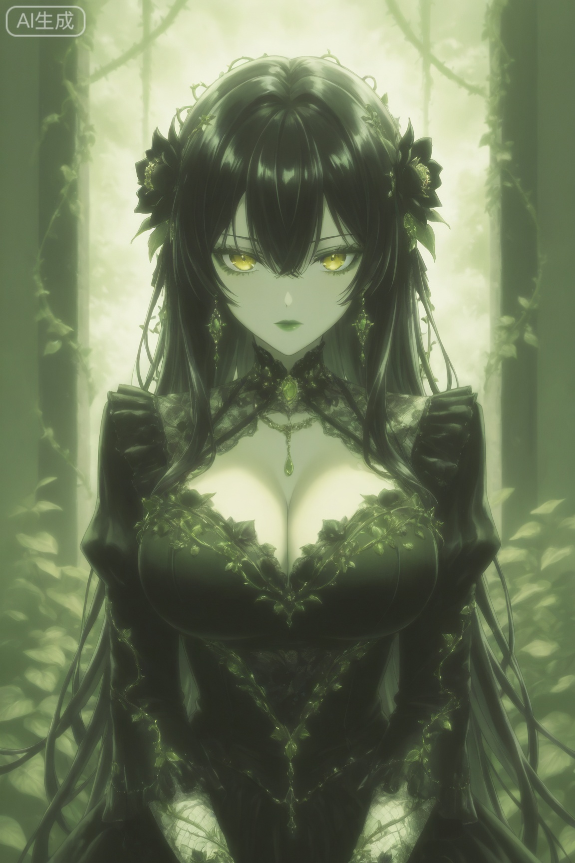 darkaesthetic_style,1girl, solo, long hair, breasts, looking at viewer, bangs, large breasts, black hair, hair ornament, long sleeves, dress, cleavage, hair between eyes, jewelry, closed mouth, yellow eyes, flower, earrings, hair flower, black dress, makeup, plant, lipstick, vines, green theme