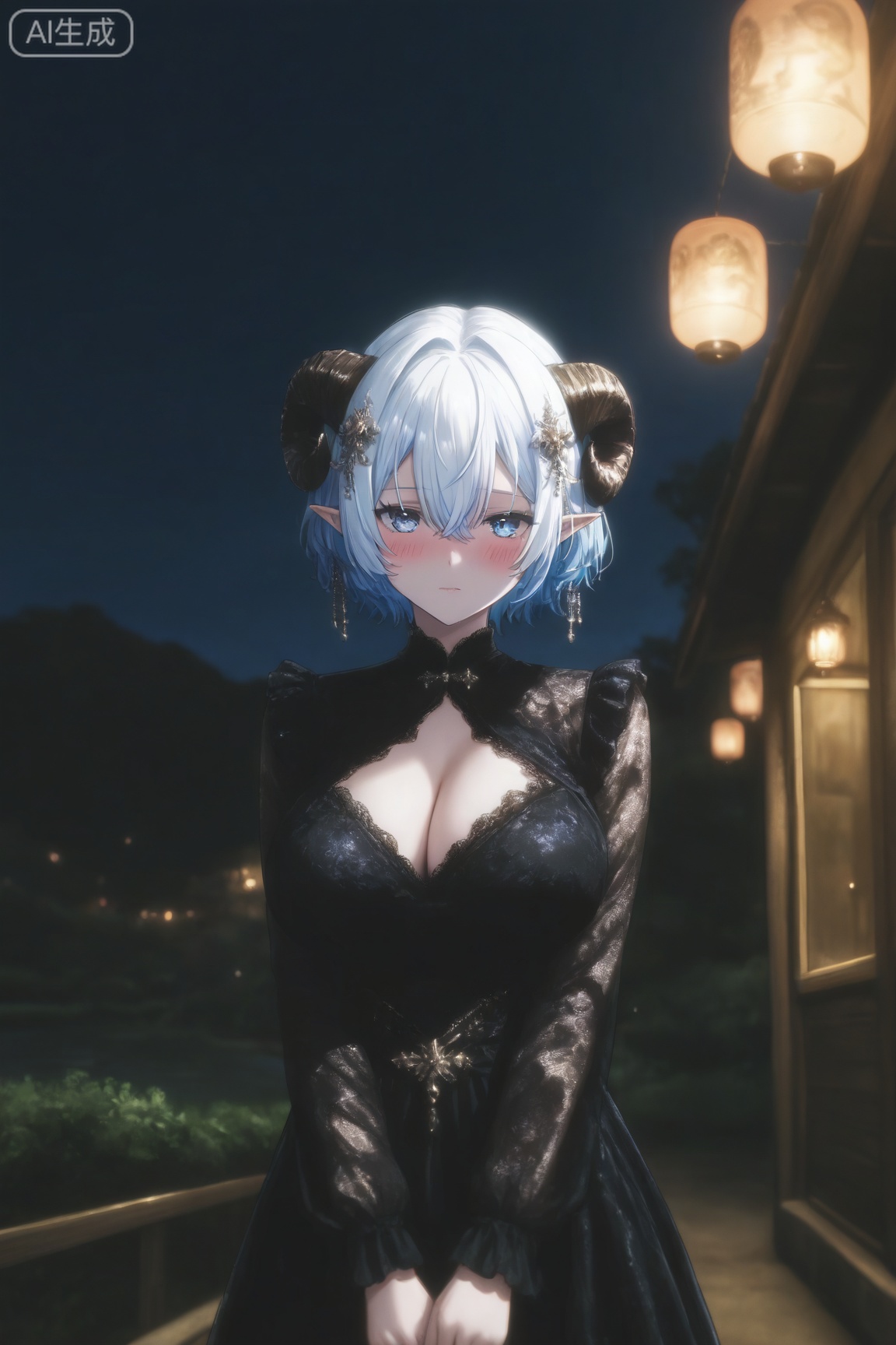 darkaesthetic_style,1girl, solo, breasts, looking at viewer, blush, short hair, bangs, large breasts, hair ornament, long sleeves, dress, cleavage, hair between eyes, blue hair, white hair, outdoors, horns, pointy ears, black dress, night, cleavage cutout