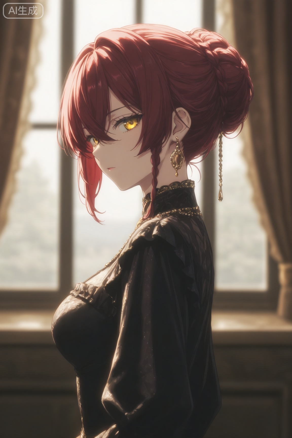 darkaesthetic_style,1girl, solo, breasts, looking at viewer, bangs, long sleeves, dress, hair between eyes, jewelry, medium breasts, yellow eyes, upper body, braid, red hair, earrings, indoors, hair bun, blurry, black dress, from side, window, blurry background, single hair bun, curtains