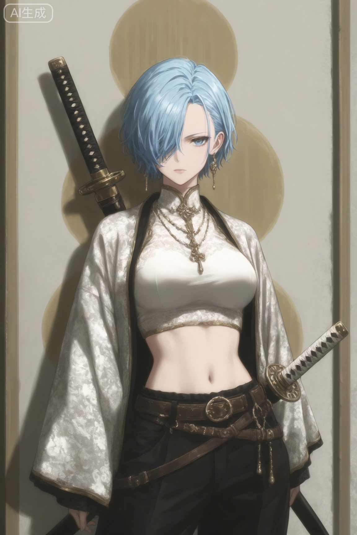 darkaesthetic_style,1girl, solo, breasts, looking at viewer, short hair, long sleeves, navel, jewelry, closed mouth, blue hair, weapon, cowboy shot, earrings, open clothes, midriff, belt, pants, sword, hair over one eye, crop top, black pants, katana, sheath, sheathed, scabbard