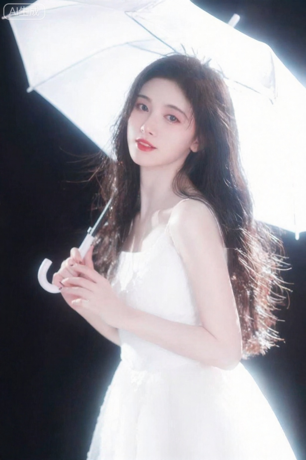 真实照片,reality,
Beautiful young lady, as beautiful as an angel falling from the world, portrait photography, beautiful photo, white yarn skirt, a white umbrella, fairy air, glowing edges, translucent, bright contrast of light and shadow, backlight, soft light mirror, cool feeling, simple and clean background, ultra-dark light background, blur, large aperture,鞠婧依