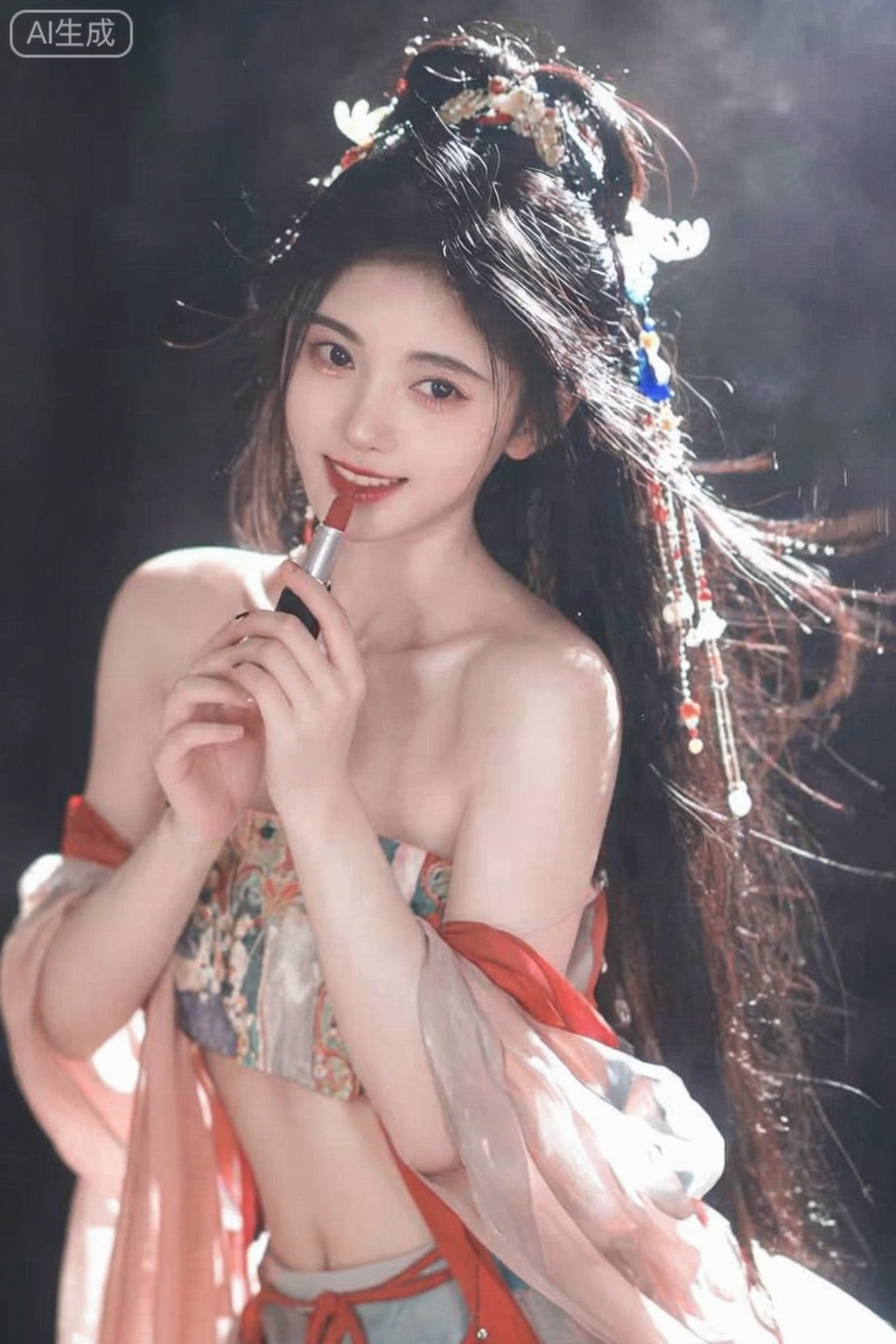 美颜,皮肤质感水润光滑年轻,去AI 感,轻松愉悦表情,看着镜头,
可爱女学生,真人,皮肤雪白雪白俏皮可爱的动作,慵懒。另一只手拿着的口红在给自己涂口红,一只手拿着小镜子红色丝带飘扬. 对焦模糊,强侧光,高曝,过曝,暗调,伦勃朗光,中式花妖,古典美人,以桃花为鬓,长发,云鬓,情绪氛围感拉满,胶片颗粒感,慢快门,朦胧美学, 服饰材质柔软,飘逸,神性,楚辞神女,流苏发饰,步摇,衣袂飘飘,披帛,头饰,黄金比例的五官,明艳五官秀发飞扬飘舞、身着盛装的女生,抓拍她曼妙的全身姿态,尽显动态美学。画面存在失焦的残影,斑驳光影和隐约场景暗朦光朦地交织,部分区域过曝, 扎着双马尾,吊着各种发饰,高贵冷艳,古代刁蛮大小姐,公主切发型,马尾上面带着中式精致繁琐配饰,发簪,穿着中式无袖露肩上衣,衣服上有花纹勾画精致,非常潮流的搭配风格,逆光拍摄,柔和的光影勾勒人物轮廓,低角度仰拍构图,营造静谧松弛感。 ,日常快照风格,自然柔和光线。可爱的表情,鬓角发丝凌乱自然垂落,随机动态视角,摆pose。 人像摄影,日常快照风格,美女,精致发饰,锁骨很好看,肚脐,微距镜头,超细节,冷白匀净清透细腻的皮肤,完美身材,半身镜头,,4k,鞠婧依