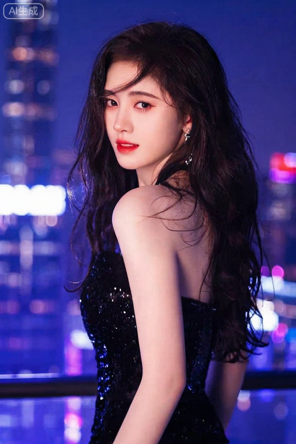 一位美丽的亚洲夜店交际花,置身于迷幻的蓝色与紫色霓虹灯光中,正回眸凝视镜头,眼神充满故事感,她身着带有亮片的黑色吊带裙,发丝被风吹起,背景是虚化的都市夜景与闪烁的灯光,摄影,照片级真实,人像模式,焦距85mm,光圈f/1.4,ISO 400,背景光斑如奶油般化开,极致细节,4K壁纸,电影感光影,,4k,鞠婧依