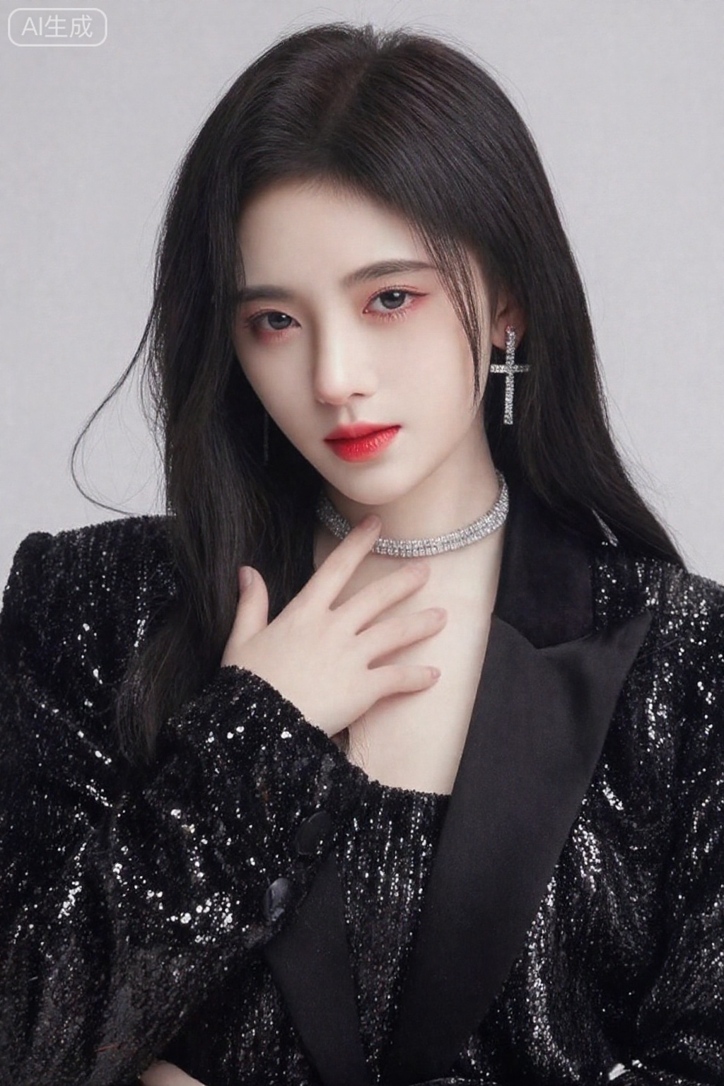 照片中是一位东亚女性,皮肤苍白,黑色长直发,涂着红色口红。她穿着一件黑色亮片夹克,黑色缎面衣领,戴着一条银色项圈项链。她的右手举到脖子上,手指轻轻抚摸着她的皮肤。她有着微妙的粉红色眼妆和小银色十字耳环。背景是纯浅灰色。她的表情很中性,直视镜头。整体风格现代优雅,以黑色和银色质感为主。图像具有柔和的、工作室照明的品质。

,4k,鞠婧依