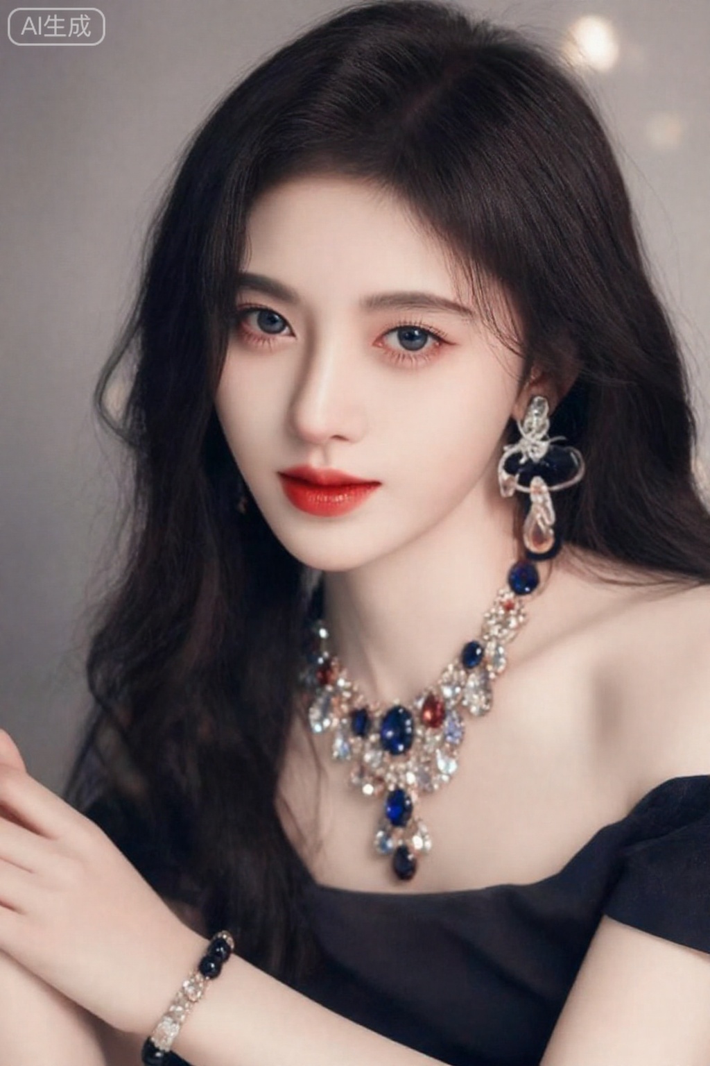 照片中是一位东亚女性,皮肤白皙,黑色长直发,侧分造型。她拥有引人注目的蓝眼睛、轮廓分明的眉毛和充满活力的红色唇膏。她穿着一件黑色露肩上衣,饰有一条精致的项链,项链上镶嵌着蓝色、红色和透明色的大型彩色宝石。她的耳环很大,银色,华丽,有蝴蝶图案。她的右手（在左下角可见）戴着一个黑色串珠手镯。柔和的散景灯使背景变得模糊,营造出梦幻、优雅的氛围。灯光突出了她的面部特征和珠宝,强调了她精致、迷人的外观。

,4k,鞠婧依