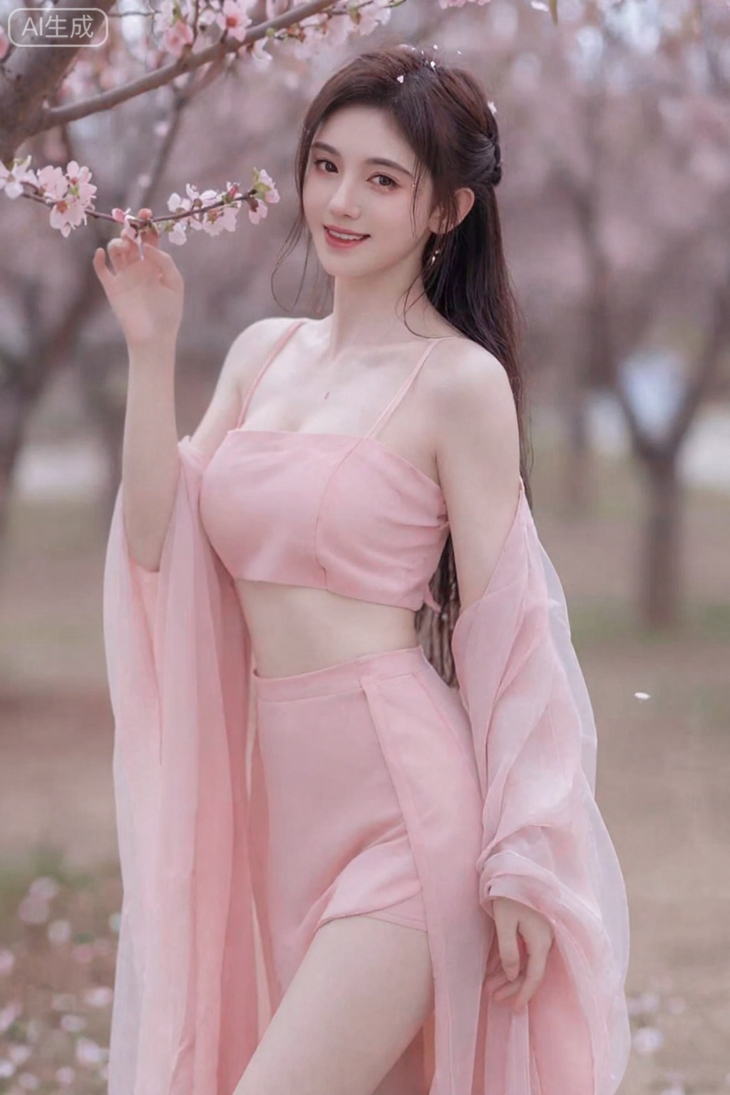  美颜,皮肤质感水润光滑年轻,去AI 感,职业微笑,(（巨大的胸部,蜂腰）),看着镜头,
超写实8K 美女照片,去AI 感,中式桃花妖,改良性感古装（粉色纱质吊带露腰,不规则裙摆露长腿）,完美身材（巨大胸+ 纤细蜂腰）,皮肤雪白光滑水润显年轻,妖艳妩媚含情直视镜头,桃林小径中转身回眸,手抚桃枝,35mm 定焦镜头f/1.6,浅景深虚化背景,美颜自然,发丝带桃花瓣,衣料薄纱透肤质感,桃花花瓣飘落动态,眼妆妩媚带闪。
,4k,鞠婧依