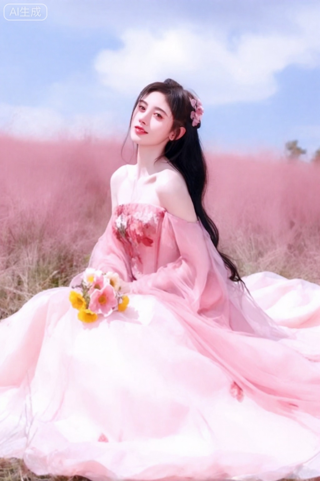 4k,
,This photograph captures an ethereal Asian woman with long, flowing black hair, adorned with pink flower accessories, seated in a vast pink field under a softly clouded blue sky. She wears a strapless, pink, floral-embroidered ball gown with sheer, flowing sleeves and a voluminous skirt that billows gently in the breeze. Her delicate, fair skin contrasts with the vibrant pink hues of the field and her dress. She holds a small bouquet of yellow and pink flowers, adding a touch of color to her ensemble. The overall composition evokes a dreamy, fairy-tale-like atmosphere, blending natural beauty with romantic elegance.,鞠婧依