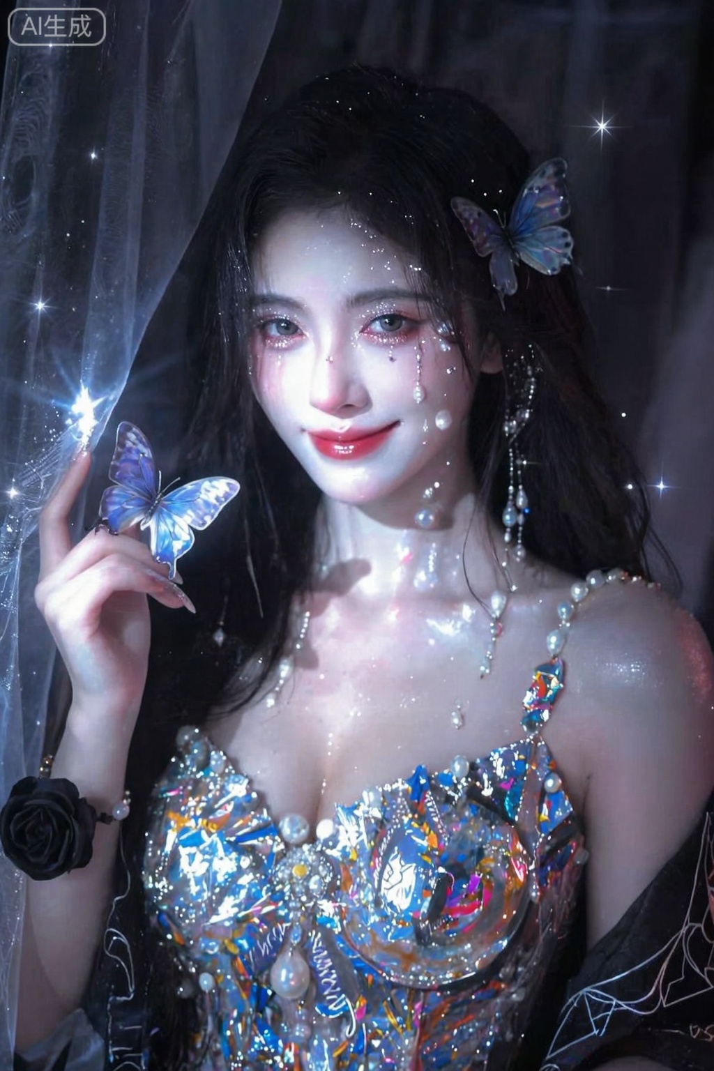 美颜,皮肤质感水润光滑年轻,去AI 感,职业微笑,(（巨大的胸部,蜂腰）),看着镜头,古装人像摄影,荧光粉蓝与银箔交织的褪色古银箔滤镜,悬浮的虚空漩涡中心,冷月般半透明肌肤的女性呈现松弛的毁灭姿态,液态珍珠泪痕滑过破碎陶瓷质感的颧骨,眼睛覆盖半透明蝶翼眼睑,眼尾渗出磷光微粉,睫毛落星光点,虚无长发融入暗光并在发梢幻化幽灵粒子蝶群,极致面部特写中可见冷焰流苏,珠宝光泽的肌理,破碎蝶翼悬浮颊侧折射虹膜漩涡,指尖轻触幻蝶引发弥散光雾,哥特式细腻釉彩描绘暗黑新艺术运动风格,幽冥光雾环绕的幽冥灵体,冷荧光与磨砂肌理形成明暗对冲,满屏高光粒子在非传统构图中闪烁,超广角透视拉伸虚空背景的波普艺术渐变,神性悲悯的浅笑凝固于水银调色,窒息级细节刻画液态珍珠的宿命感,大透视构图强化非人美感的宏大神性,纱帘,景深效果,幽灵粒子般黑色蔷薇花,画面破碎,luoyu,,4k,鞠婧依