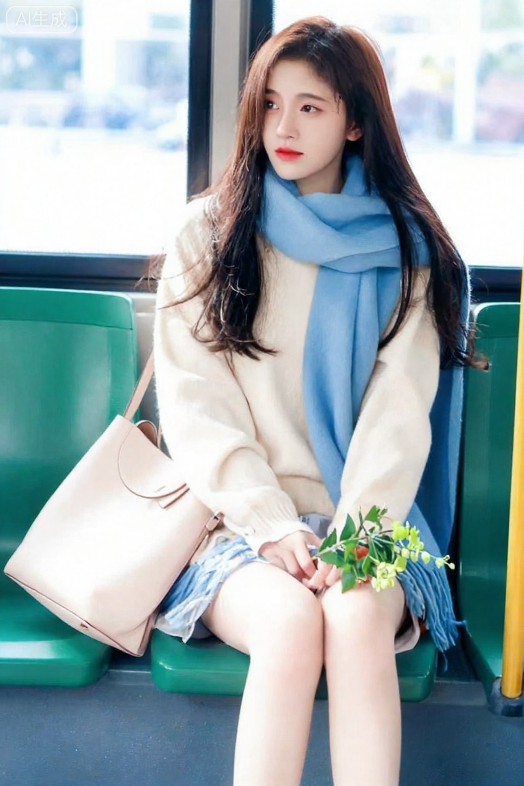 真实照片,reality,
 masterpiece,best quality,high quality,loli,chromatic_aberration,Light Blue Theme,long legs ,thin legs a young Asian woman is seated on a green seat on a bus. She is wearing a cream-colored sweater, a blue scarf around her neck, and her  cascades over her shoulders. She's looking off to the right, with a bag in front of her, adding a touch of contrast to her outfit. The bag is a light beige, and she's holding a green plant. The background is blurred, suggesting a sunny day.,鞠婧依