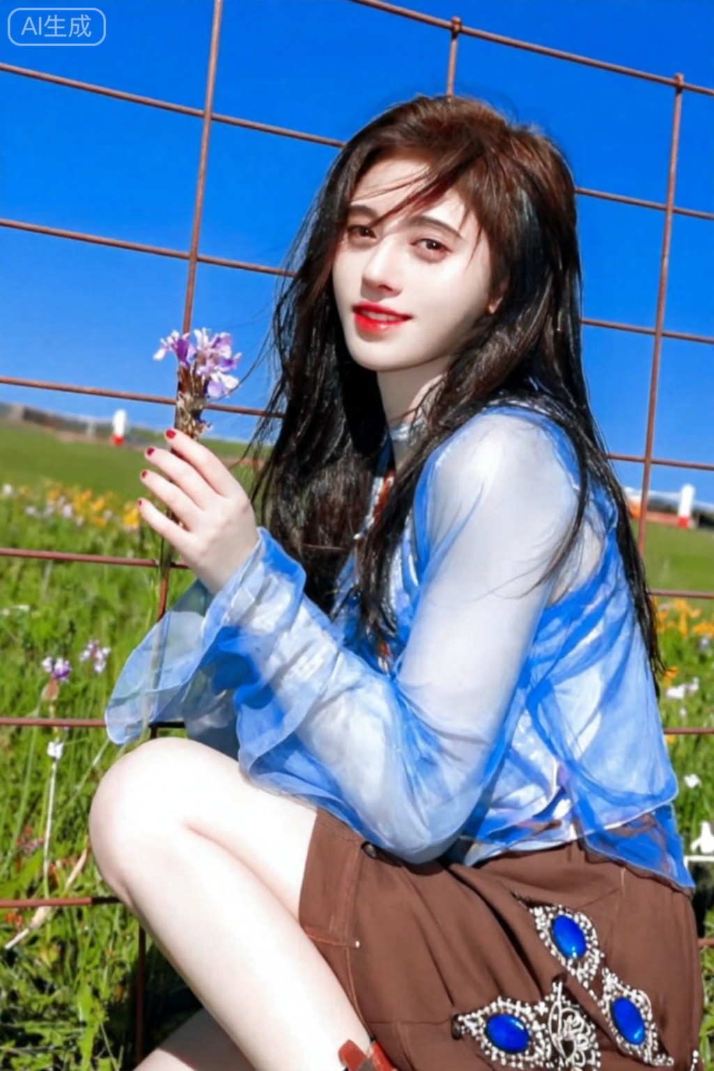 Scene photo, a close-up portrait of a grassland traveling full of summer vitality. The character sits beside the grass, with his back against the iron mesh fence, holding a small purple wild flower in his hand, looking at the camera with a smile. The long hair rises with the wind, and the hair is slightly lit under the sunlight, with a natural halo effect. Clothing details: Wearing a light blue tulle long-sleeved top, the material is light and transparent, and the sleeves flutter in the wind, making them look fresh and natural. The lower body is paired with a brown short skirt, and the hem is decorated with blue gem-like patterns, with gorgeous and low-key details. The overall look combines girlishness and fashion sense. Background and environment: The blue sky is pure and vast, and the grassland extends in the distance, adorning sparse flowers, and the background exudes a fresh outdoor atmosphere. The iron mesh fence brings a visual tension that contrasts freedom and restraint, making the picture more story-like. Light and shadow and filter: The sunlight shines from above and hits the face and hair of the characters, forming natural highlights and soft shadows. The color saturation is moderate, and the sky blue and the clothes blue echo each other, forming a sense of visual unity. The overall style is a blend of documentary travel photography and fashionable photo, which is delicate and realistic. Ambient sense: The picture exudes the refreshing atmosphere of the summer grassland and the freedom and vitality of the girl, as if the travel moments I took casually, had a blockbuster texture.,鞠婧依