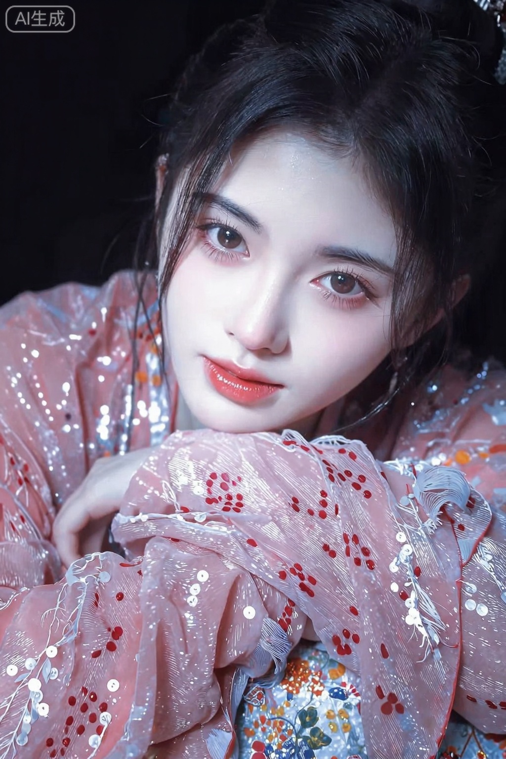 美颜,皮肤质感水润光滑年轻,去AI 感,轻松愉悦表情,看着镜头,
(大师杰作:1.3),最佳品质,32K超高清,锐利聚焦:1.4,角色扮演:1.4,精致五官,瓷白肌肤,卡姿兰大眼睛,灵动有神,俏皮狡黠,**超真实肤质**：白皙湿润透亮肌理,次表面散射光效,细节刻画精致,有琉璃质感,画面是一位妖冶少女的头部局部特写,她冷白的皮肤白皙水润光滑细腻,表情冷峻,冷酷且忧郁,含情杏眼垂眸,慵懒地盯着镜头,黑色长发梳成可爱双髻,刘海自然垂落,身着由亮片纱,亮片丝绒,欧根纱,lace,tassel,刺绣和印花组成的粉色古装,古装有着繁复的垂坠褶皱,华丽的饰品和传统衣服暗纹,少女的神态楚楚可怜又透着疏离,如温玉般洁白无暇的皮肤,自由视角,线性构图,人物超近距离拍摄强对比戏剧光,顶光主光源,深邃阴影强化骨相,冷色调,极致微距镜头,眼部特写:1.2,无辜眼神凝视镜头,欢快电影感,32K级细腻肌肤细节:1.4,发丝分毫毕现:1.3,,4k,鞠婧依