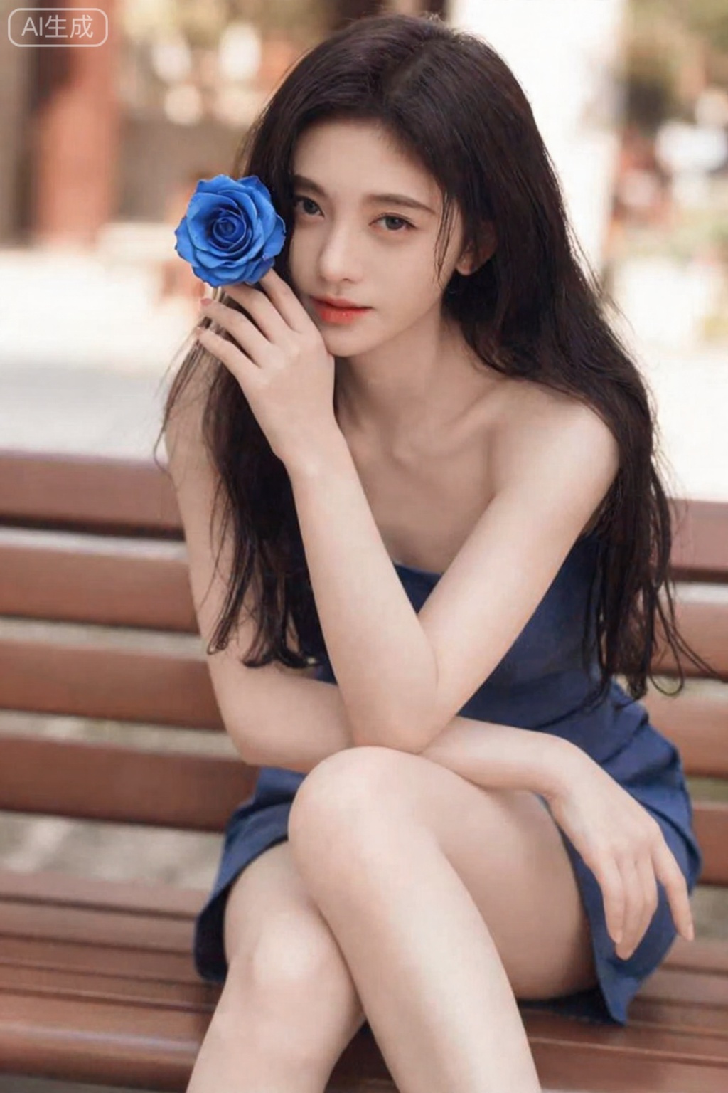 超现实温暖的电影全身拍摄摄影,柯达专业波特拉160,1个女孩,looking_at_viewer,,大长腿,逼真,,照片姿势,动态姿势,,eluosi ,良好解剖结构,真人肌肤纹理, 4K画质,完美身材, 这张照片描绘了一位年轻女子坐在木凳上,手里拿着一朵蓝玫瑰。 她穿着一件无肩带连衣裙,一头长而直的黑发,垂落在肩上。。 她的皮肤白皙,眼睛是深棕色的。她用右手把花举到脸上,左臂放在身边。 图像的背景是模糊的,但它似乎是一个户外环境,可能是一个公园或花园,在阳光明媚的日子里。 这张照片的气氛浪漫而亲密,暗示着这个女人可能在庆祝一个特殊的时刻,或者只是在享受一个安静的时刻。,,零花

,4k,鞠婧依