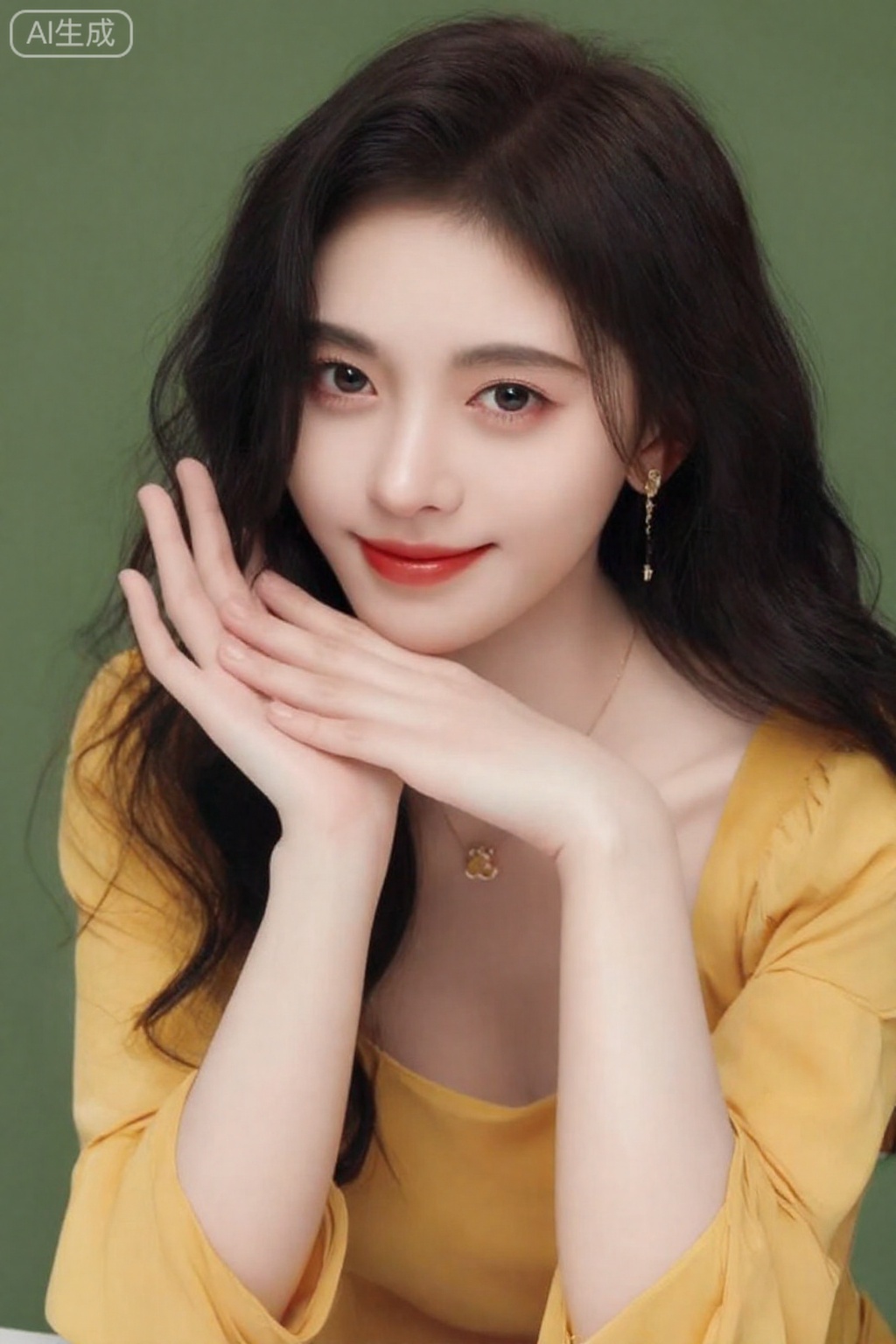 照片中,一位东亚女性有着长长的黑色卷发和白皙的皮肤,温柔地微笑着。她有着精致的五官、杏仁状的棕色眼睛和红色的口红。她穿着一件带有泡泡袖的黄色露肩连衣裙,戴着精致的小金耳环。她的双手优雅地放在脸前,手指轻轻交扣。她的胸前挂着一条带有小吊坠的细金项链。背景是纯绿色,与她的黄色连衣裙和深色头发形成鲜明对比。图像光线柔和、自然,突出了她平静的表情和优雅的外表。

,4k,鞠婧依