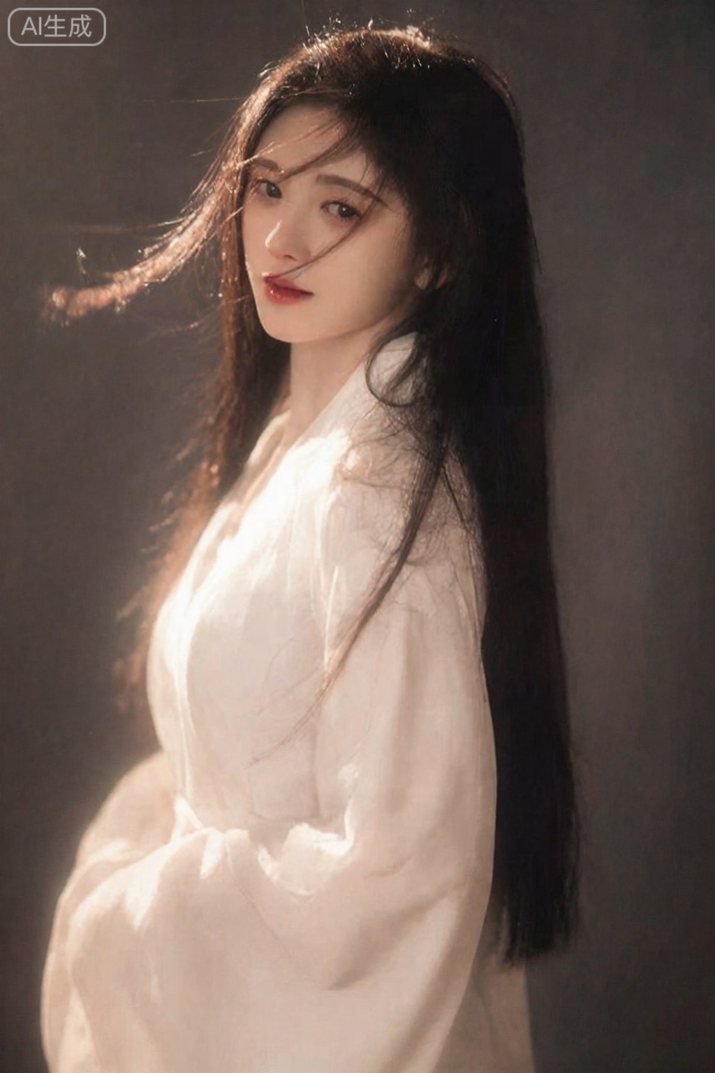 光影写真,一位女性身着白色服饰,发丝随风飘动,光影营造出富有氛围感的画面,风格温柔且具艺术感。,,鞠婧依