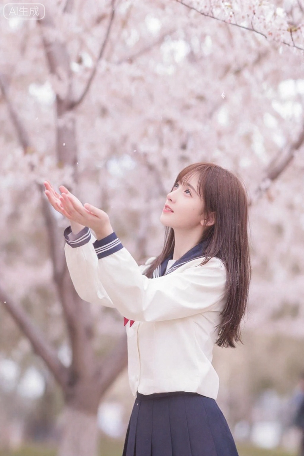 精致壁纸风摄影,春日樱花盛开的季节,一位穿着JK制服的学妹站在漫天飞舞的樱花雨中。她微微仰头,伸手去接飘落的花瓣,眼神中带着憧憬和美好。画面柔和浪漫,以粉白色调为主,背景是虚化的樱花树林,前景有花瓣飘过,层次感丰富。
镜头参数： Nikon D850, Nikkor 105mm f/1.4E ED, 光圈f/1.6, 快门1/800s, ISO 100

,4k,鞠婧依