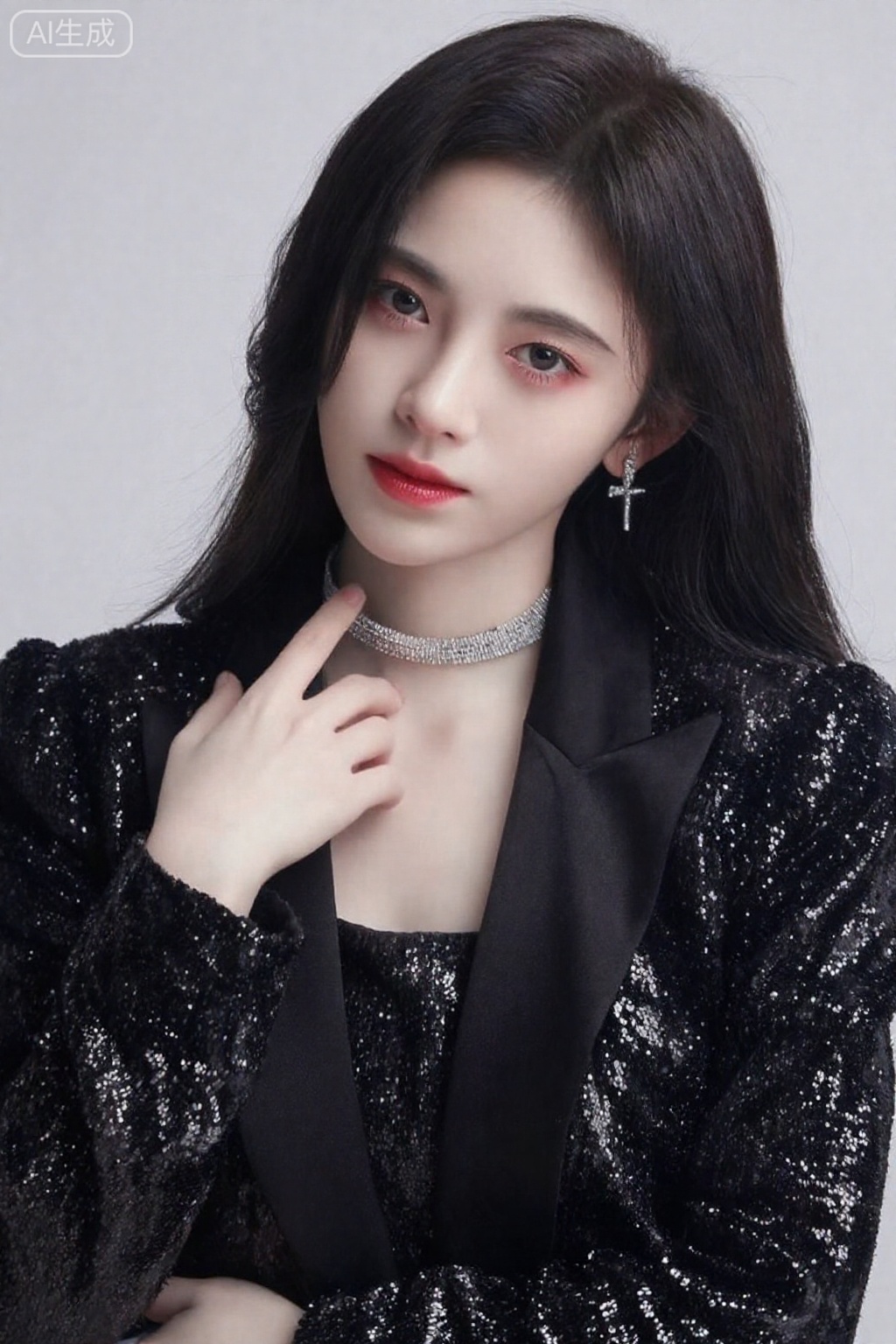 照片中是一位东亚女性,皮肤苍白,黑色长直发,涂着红色口红。她穿着一件黑色亮片夹克,黑色缎面衣领,戴着一条银色项圈项链。她的右手举到脖子上,手指轻轻抚摸着她的皮肤。她有着微妙的粉红色眼妆和小银色十字耳环。背景是纯浅灰色。她的表情很中性,直视镜头。整体风格现代优雅,以黑色和银色质感为主。图像具有柔和的、工作室照明的品质。

,4k,鞠婧依