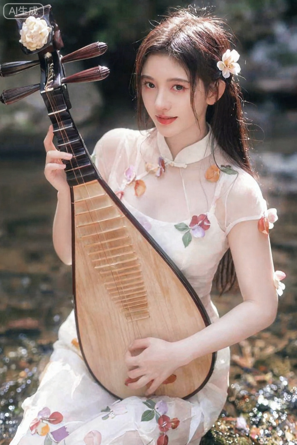 ,美颜,皮肤雪白细腻质感水润光滑年轻,去AI 感,职业微笑,,（（巨大的胸部））,看着镜头,
画面中的女性身姿曼妙,身体装饰着娇艳花朵,风格清新甜美,,植物衣服。光线为侧光,她穿着白纱透明旗袍,勾勒出人物与花朵的轮廓,增添立体感。她抱着琵琶弹奏乐器,歪坐在清澈的小溪旁,渲染精致,让每一片花瓣和发丝都栩栩如生。视角为斜侧45 度。摄影参数：快门速度1/125 秒,保证画面稳定,焦距适中突出主体。


,4k,鞠婧依