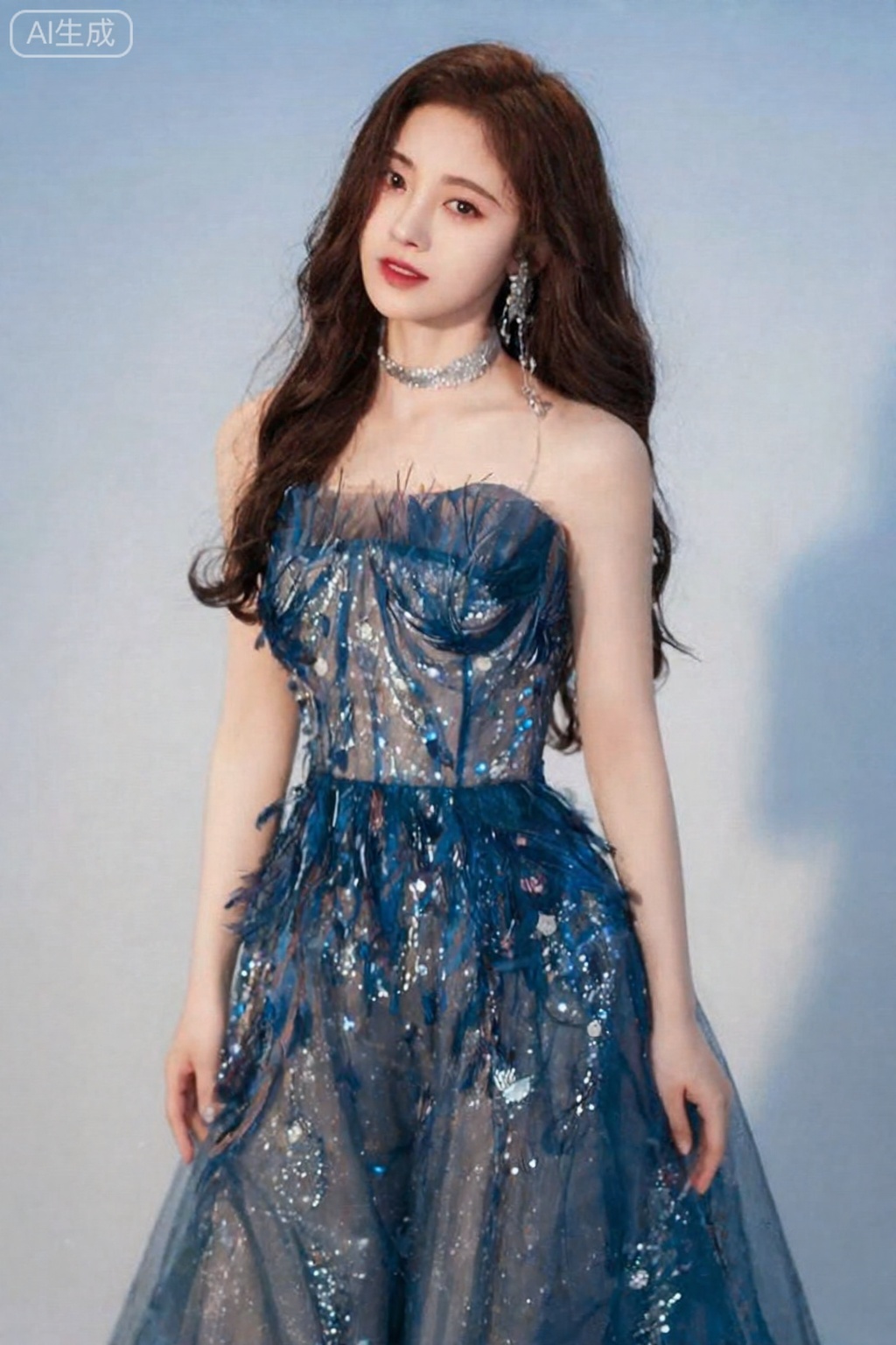,真实照片,reality,
Photograph of an East Asian woman with fair skin and long, wavy brown hair, wearing a strapless, teal-colored ball gown adorned with large, feather-like textures and sparkling embellishments. She has a slender build and is wearing a silver choker necklace with matching earrings. Her makeup is subtle, with a focus on her red lips. The background is a gradient of soft blue, adding a dreamy, ethereal quality to the image. The lighting is soft, highlighting the textures and colors of her dress, and she gazes slightly to the side with a serene expression. The overall style is elegant and sophisticated.,鞠婧依