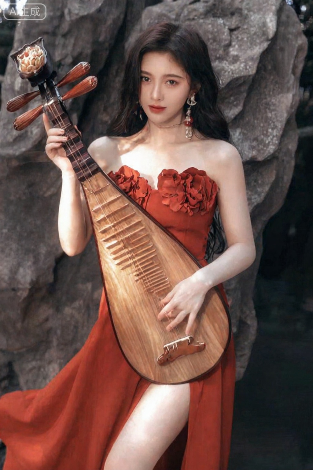 阿里美人,全身照片真实感拉满美女照片,美颜自然柔和,皮肤雪白细腻似羊脂玉,水润光滑有弹性,彻底规避AI 感。牡丹花瓣打造抹胸+ 高开叉长裙,露腰露长腿,巨胸轮廓立体,手持紫檀木琵琶斜抱于怀。职业微笑甜而不腻,直视镜头眼神带电。中式园林假山下,琵琶雕花精致,花瓣色泽饱满,裙摆随风轻扬,阳光洒在肌肤上泛着水润光泽,氛围感拉满,妖艳妩媚且性感时尚,细节丰富的壁纸风。,,鞠婧依