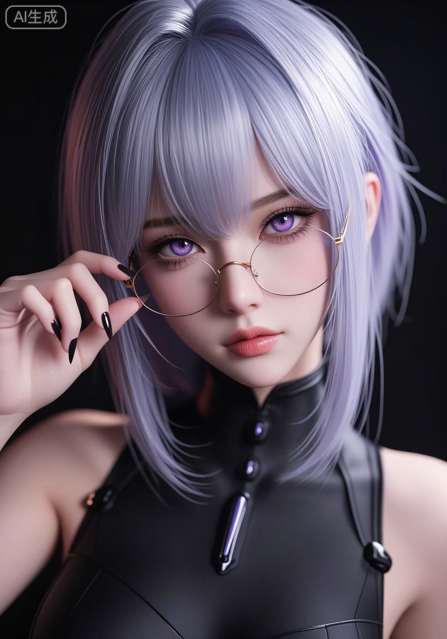 YY Anime style, The image is a hyper-realistic digital artwork featuring a close-up of a young woman with a striking, ethereal appearance. She has pale skin and large, expressive, almond-shaped purple eyes with a hint of a magical, otherworldly glow. Her short, silver hair is styled in a messy bob, with bangs framing her face. She wears large, round, gold-rimmed glasses that she adjusts with her delicate, slender fingers, which are adorned with long, sharp, black nails. Her lips are full and painted in a subtle, natural pink.
The background is a dark, gradient black, which contrasts sharply with her light complexion, emphasizing her features and the intricate details of her makeup. She is wearing a form-fitting, black bodysuit that hugs her slender figure, with a hint of a high collar. The lighting is soft and diffused, creating a soft, ethereal glow around her face, enhancing the surreal quality of the artwork. 

The overall style of the artwork is hyper-realistic with a touch of fantasy, reminiscent of digital art in the anime and manga genre, with a focus on the meticulous detailing and expressive qualities of the subject.

