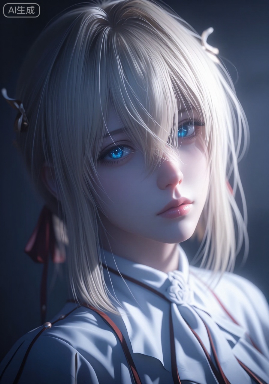 YY Anime style, Violet Evergarden,The image is a highly detailed digital artwork, rendered in a hyper-realistic style, depicting a young woman with pale skin and striking blue eyes. She has shoulder-length, platinum blonde hair that falls softly around her face, with a few strands framing her delicate, heart-shaped face. The lighting is soft and diffused, casting a halo effect around her, creating a surreal and ethereal atmosphere. Her eyes are a vivid blue, with a hint of a mysterious, otherworldly glow, adding to the mystical quality of the artwork. She appears to be in her late teens or early twenties, with a slender physique. Her expression is calm and contemplative, with a slight tilt of the head and a gentle curve of her lips. The background is dark and indistinct, allowing the viewer's focus to remain solely on her face and hair. The artwork is a study in light and shadow, with a soft gradient of blues and whites, creating a dreamy, almost ethereal effect. The overall mood is serene and introspective, with a touch of mystery.
