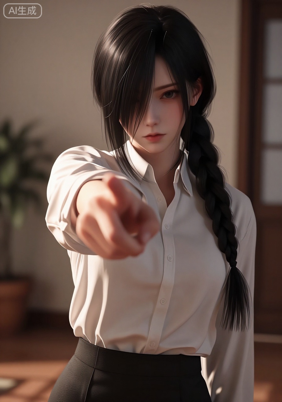 YY Anime style, The image is a hyper-realistic digital illustration of a young woman, likely in her early twenties, with a pale complexion and long, straight black hair styled in a thick, loose braid over her right shoulder. Her hair partially covers one eye, giving her an enigmatic expression. She has a slender physique with a delicate frame, and her attire consists of a crisp, white collared shirt buttoned up to the top, paired with a high-waisted black skirt. Her shirt's sleeves are rolled up to her elbows, revealing smooth, pale skin. The texture of her shirt appears slightly glossy, indicating a high-quality fabric.
She is positioned in a close-up, directly facing the viewer with her right arm extended, pointing a finger directly at the viewer, creating a sense of direct engagement. The background is blurred, but it suggests an indoor setting with warm, diffused lighting, possibly a cozy room with a potted plant on the left and a window or door on the right. The overall color palette is neutral, with soft, muted tones, enhancing the serene and intimate atmosphere. The illustration's hyper-realistic details and subtle shading techniques bring a lifelike quality to the subject.
