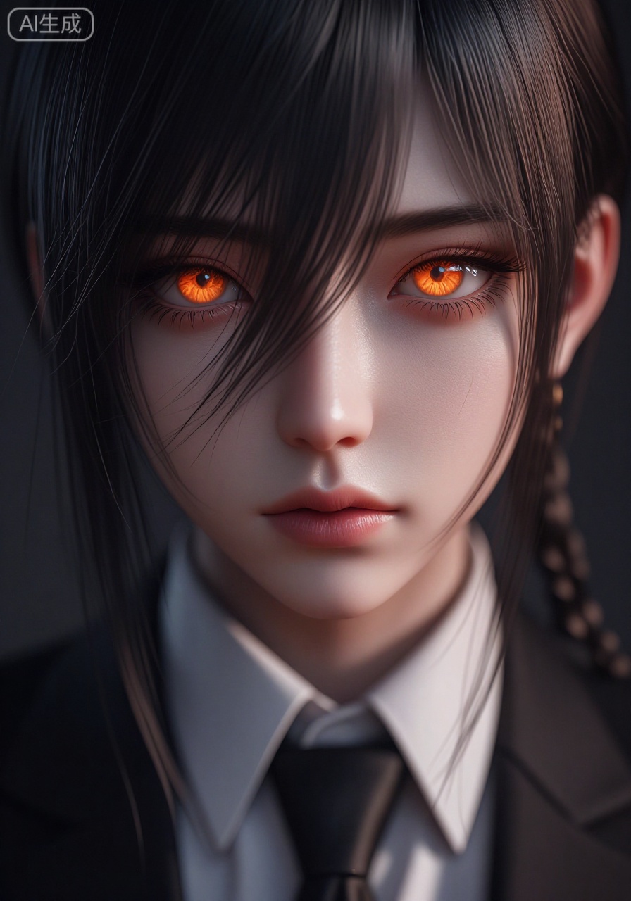 YY Anime style, This is a hyper-realistic digital illustration of a young woman with a striking appearance. The subject is depicted in a close-up, focusing on her face and upper torso. She has fair skin, with a smooth complexion and minimal visible pores. Her large, almond-shaped eyes are the most striking feature, glowing a vibrant, ethereal orange, almost like a cat's eye, which contrasts starkly with her pale skin and dark hair. The hair is long and dark, with a slight wave, partially obscuring her face on one side, and styled in a loose braid on the other. Her expression is intense, with a hint of melancholy or contemplation, and her lips are full and slightly parted. She wears a black suit jacket over a white collared shirt, with a black tie, giving her a formal, almost gothic appearance. The background is a dark gradient, which allows the viewer to focus entirely on her face and eyes, creating a moody, intimate atmosphere. The lighting is soft and diffused, highlighting her features and the texture of her hair and clothing. The illustration is highly detailed, with a realistic, almost hyper-realistic style, showcasing the artist's skill in rendering fine textures and subtle expressions.


