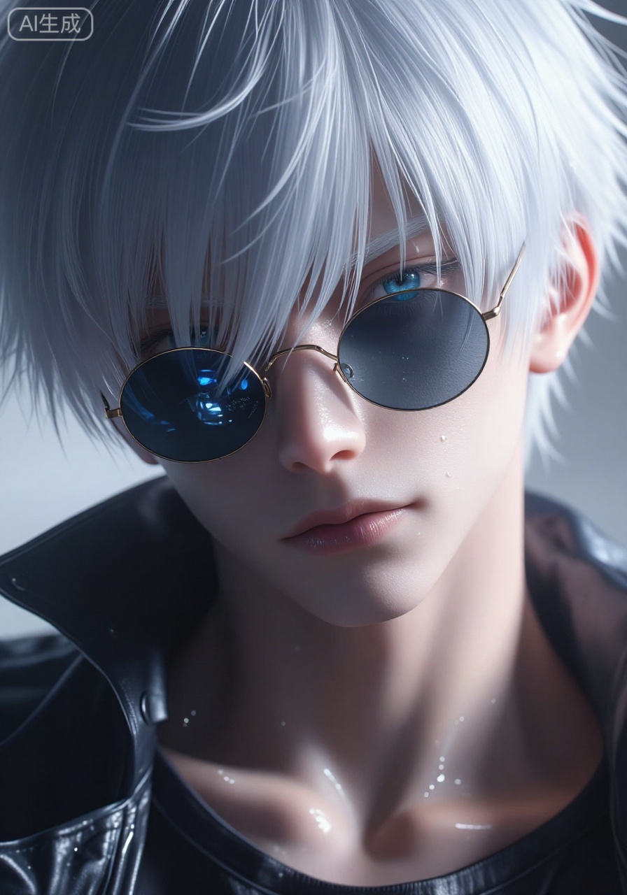 YY Anime style, Gojo Satoru,This is a hyper-realistic digital illustration of a young man with a strikingly intense and enigmatic expression. The image is rendered in a highly detailed, photorealistic style, with a focus on the man's face and upper body. The subject has short, tousled white hair that contrasts sharply with his pale skin and piercing blue eyes. He wears thin, round, reflective sunglasses, which add a cool, mysterious vibe to his look. The man's lips are slightly curled in a subtle smirk, emphasizing his confident and somewhat aloof demeanor. His skin is smooth and slightly glistening, suggesting a recent shower or sweat, with a sheen of moisture visible on his nose and forehead. He is wearing a black leather jacket, which adds a touch of edginess to his overall appearance. The background is a gradient of light and dark shades, creating an ethereal, dreamlike atmosphere. The overall color palette is dominated by cool tones, with highlights of blue and silver reflecting off the glasses and hair. The illustration captures a moment of introspection or contemplation, with a sense of depth and realism that draws the viewer in.
