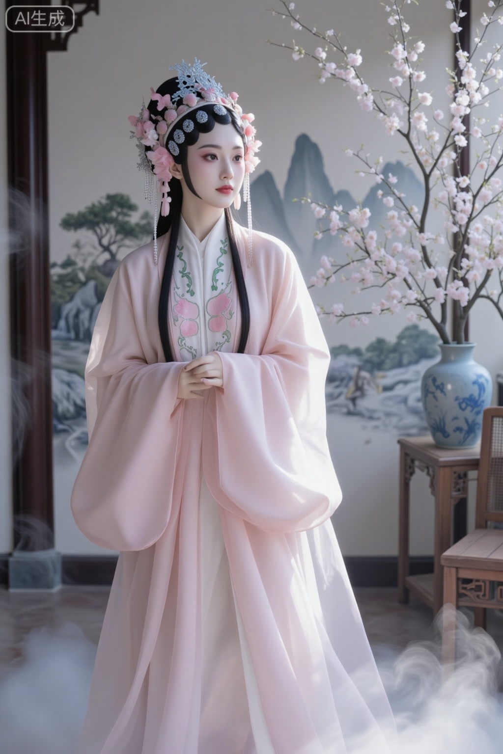 Opera photo,This is a high-resolution image belonging to portrait photography, with a classical style. The image shows a full-body portrait of a woman wearing a light pink costume, facing forward, standing in smoke, looking at the audience. Behind the figure is a Chinese landscape mural background wall, depicting mountains, trees and white plum blossoms, filling the entire image background.