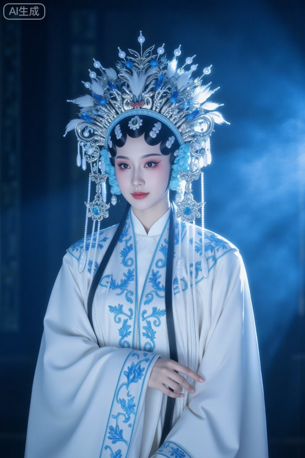 Opera photo,Shoot a set of high-quality, ultra-detailed Chinese traditional opera-themed cosplay photos. The image features one person, wearing an elaborate traditional opera costume, with a white background, decorated with exquisite blue embroidery and decorations. She wears a complex and delicate traditional opera headdress, adorned with pearls and silver designs. Her blue wig harmonizes with the overall appearance. The background creates a mysterious blue atmosphere with fog effects. Light is precisely used to highlight the delicate texture of the costume, the luxurious craftsmanship of the headdress, and the unique temperament of the person. Through professional shooting techniques, it captures the traditional charm, artistic beauty, and cultural connotation of Chinese traditional opera cosplay, presenting a visually striking image with strong oriental classical charm.