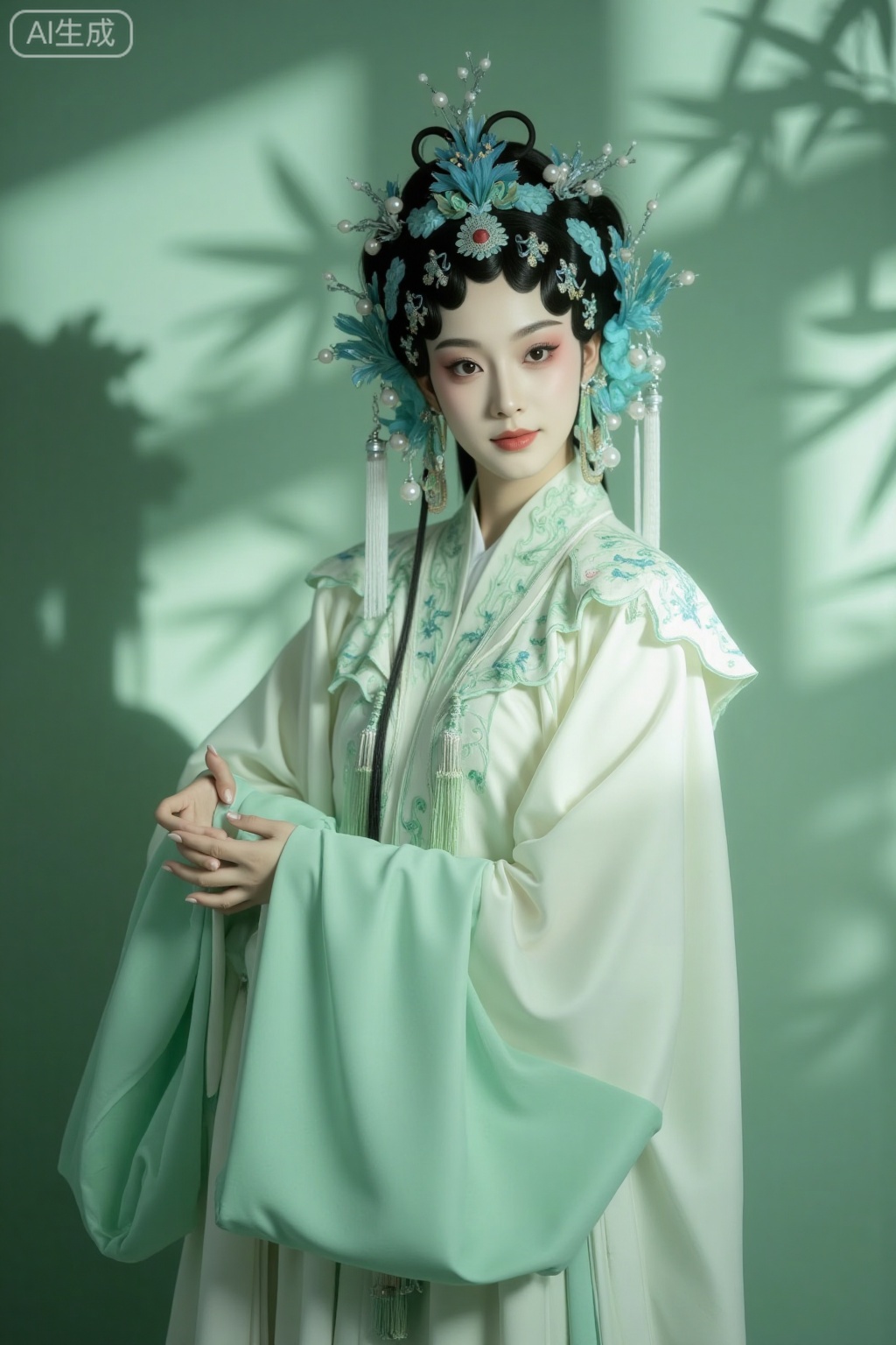 Portrait of a nationality, a portrait of a beautiful opera performer, a woman exuding noble elegance and sweet grace, wearing a jade-colored rose opera costume, jade-colored cloud shoulder, tied with tassels on the handle, background in pure jade color, creating a mysterious, romantic, and sweet atmosphere, the background also has a fan-shaped light effect, with shadow of bamboo leaves, slightly turning, face straight, posture showing the stage singing position.