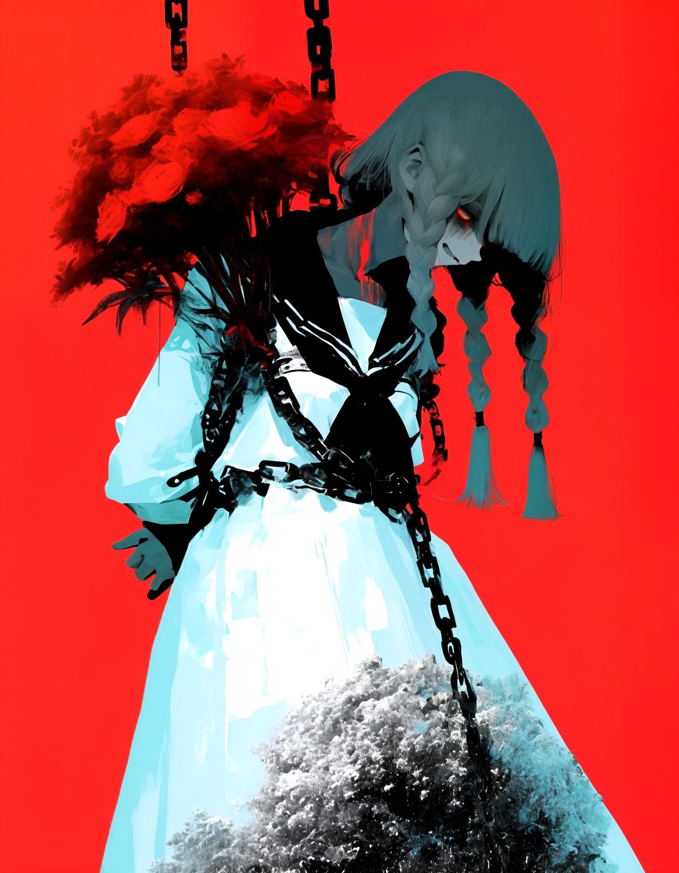 1girl,  solo,  monochrome except blood red accents on Tensor.Art
