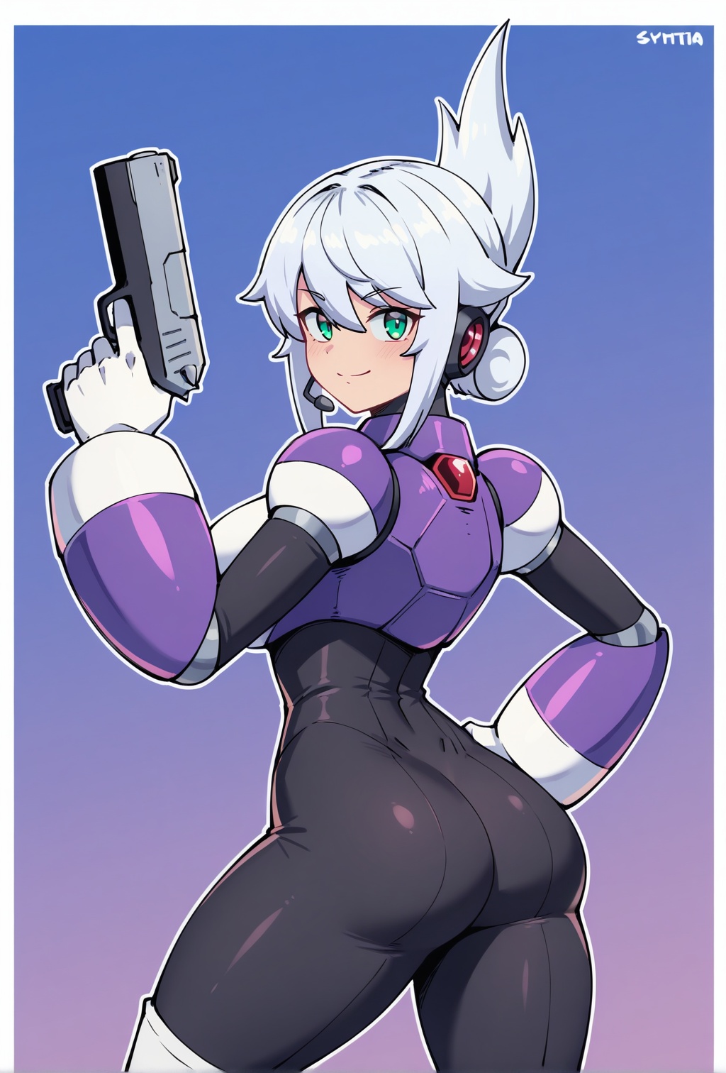 Syntia,  purple armor,  white gloves on Tensor.Art