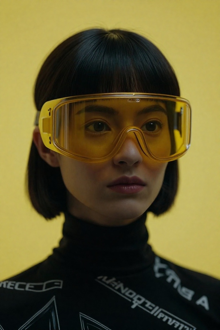 The image depicts a person wearing futuristic yellow goggles with a high-tech design. The goggles cover the eyes and exten...