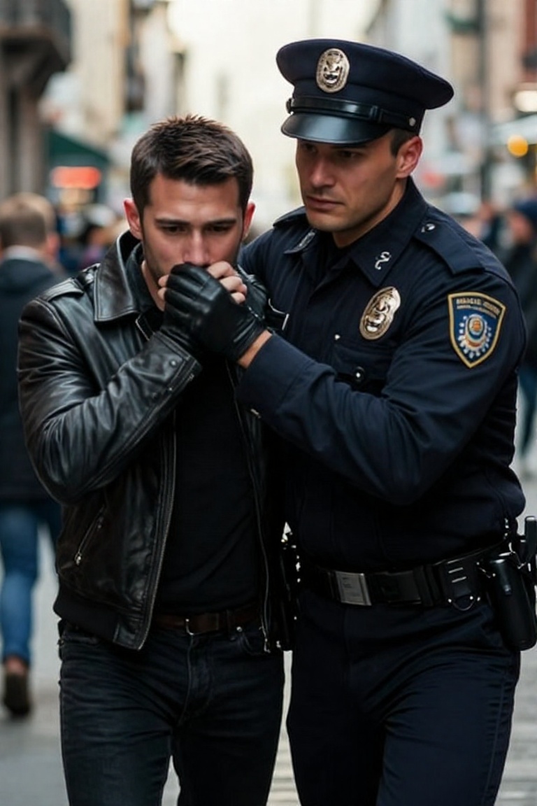 A tense scene on a city street featuring two men in close proximity. One man,  dressed in a dark leather jacket and black...