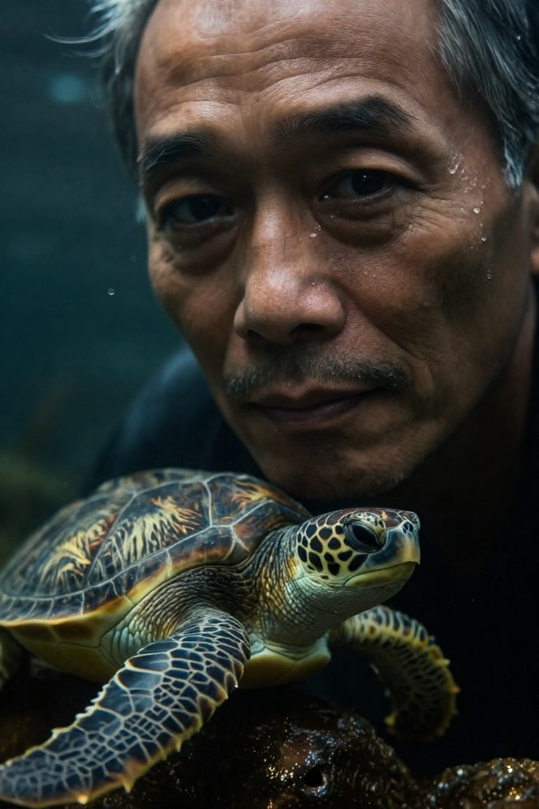 A close-up underwater portrait of an elderly Asian man with a contemplative expression,  partially submerged with water dr...