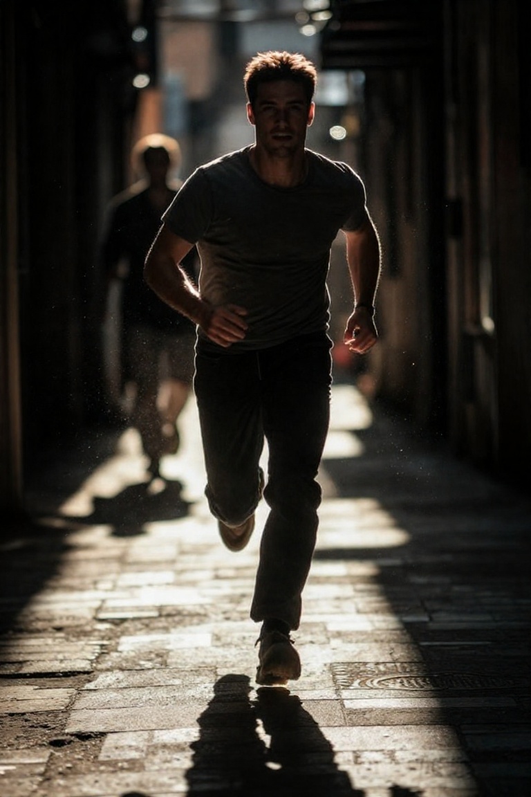 cinematic photography,  film still,  dynamic action shot of a man running through a narrow alley on Tensor.Art