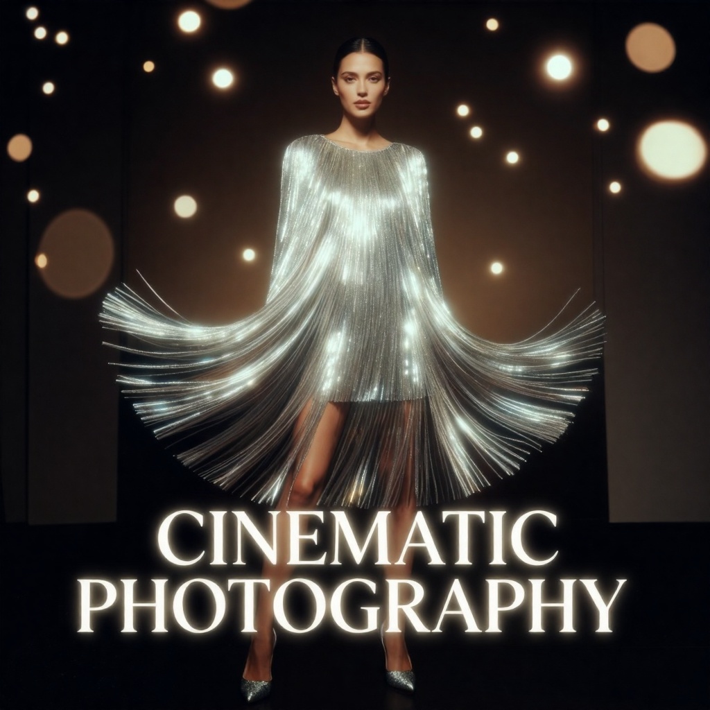 Full-body fashion editorial of a stunning woman standing tall,  wearing a dazzling shimmering silver fringed metallic dres...