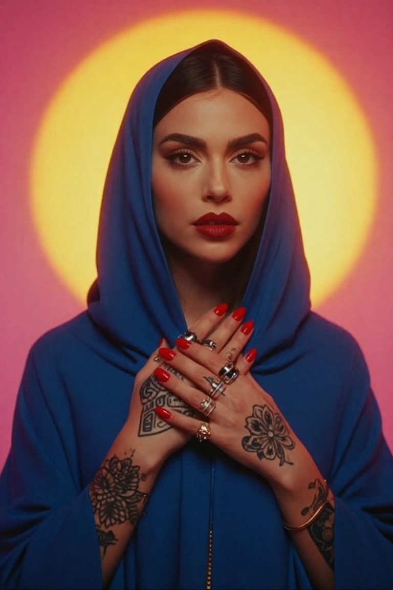The image features a person dressed in a blue garment with a hood,  standing against a vibrant background with a glowing y...