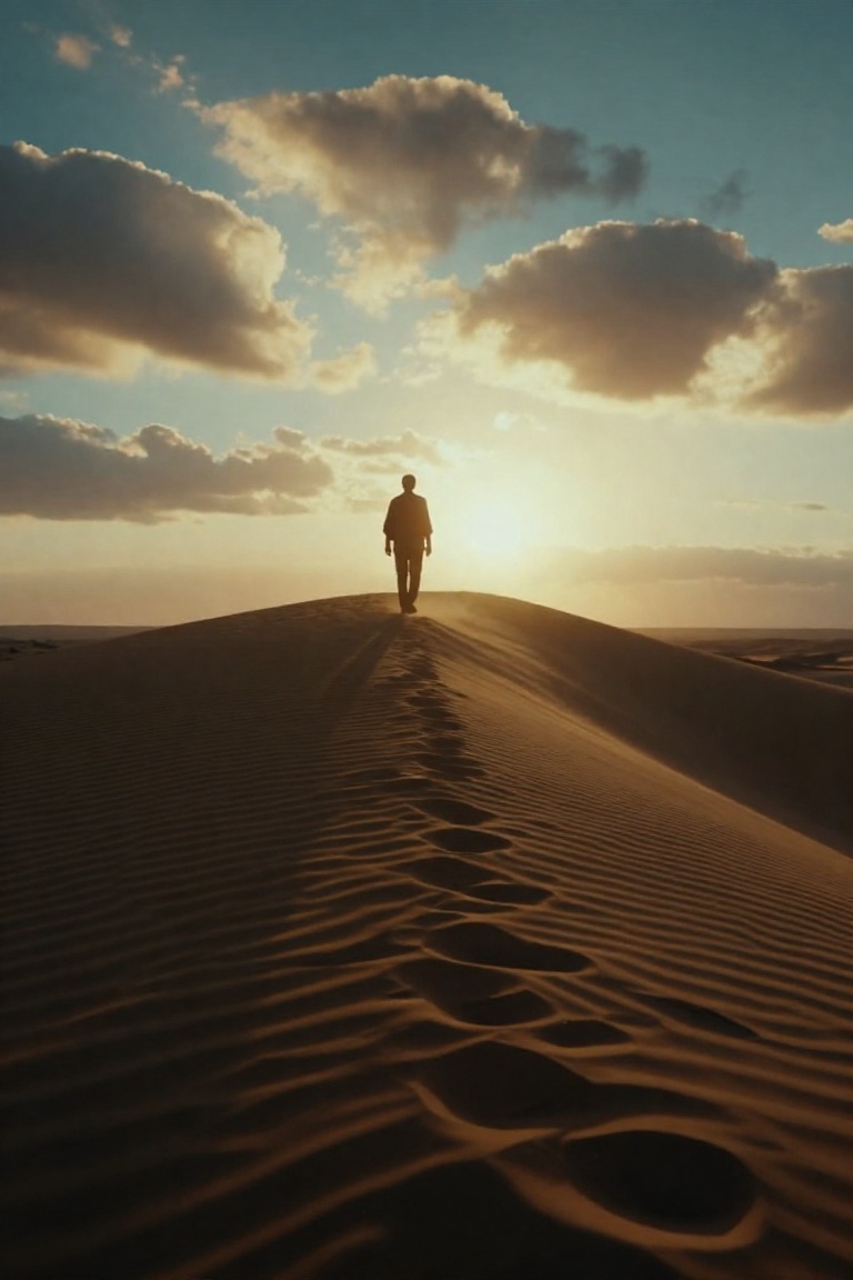 cinematic photography,  wide-angle composition,  lone traveler walking across a desert ridge on Tensor.Art