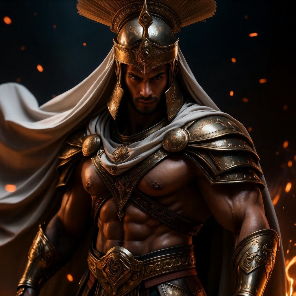 A fierce arab male warrior dressed in elaborate,  ornate armor with intricate gold detailing. He wears a large,  regal hel...