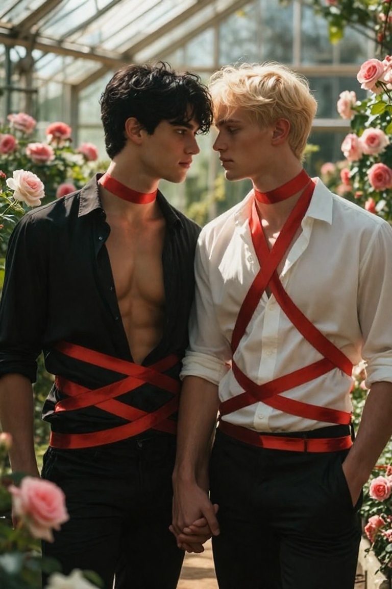 A romantic scene set in a lush,  sunlit greenhouse filled with blooming pink and white roses. Two young men stand close to...